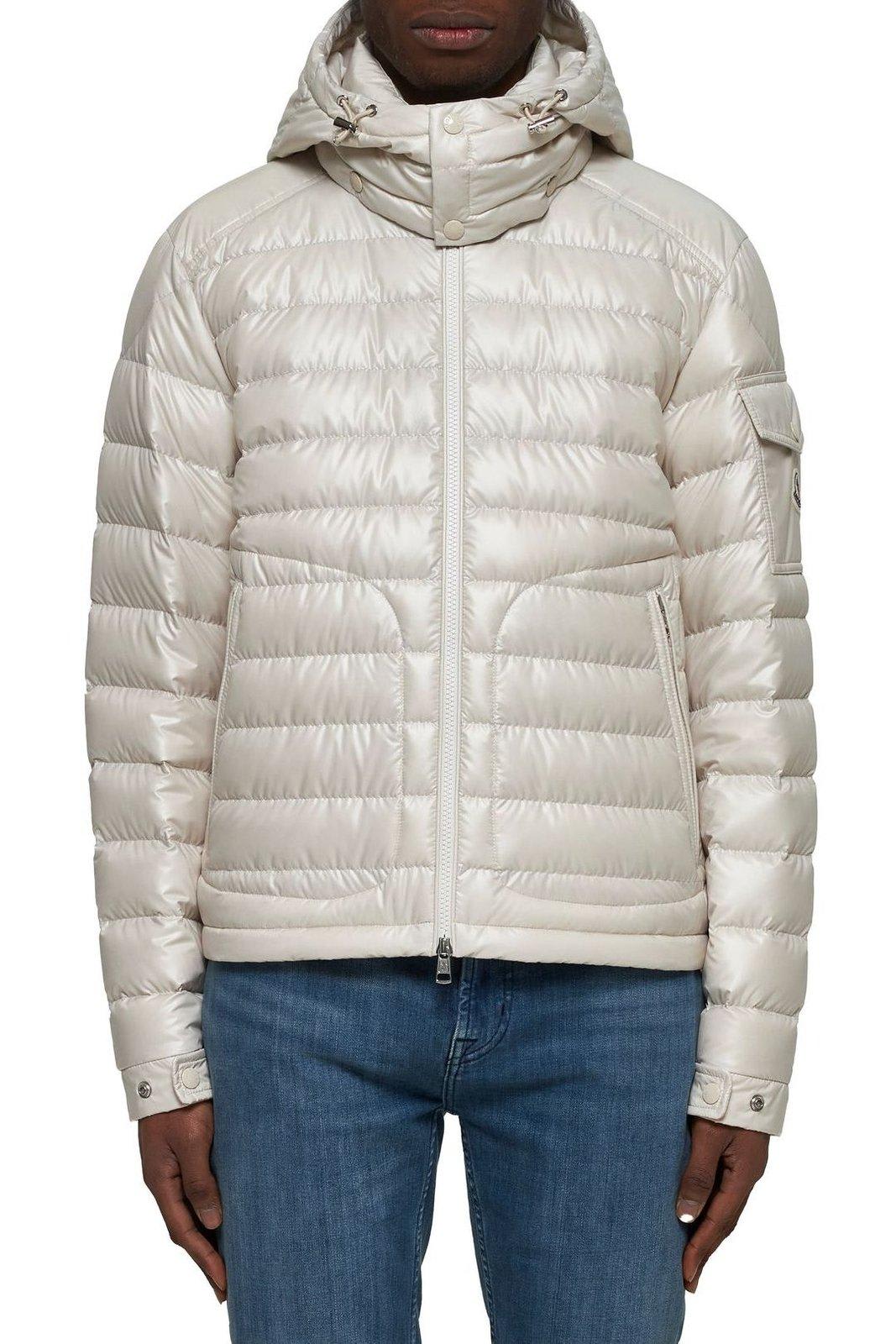 Moncler Lauros Logo Patch Zip-up Hooded Jacket In Neutral