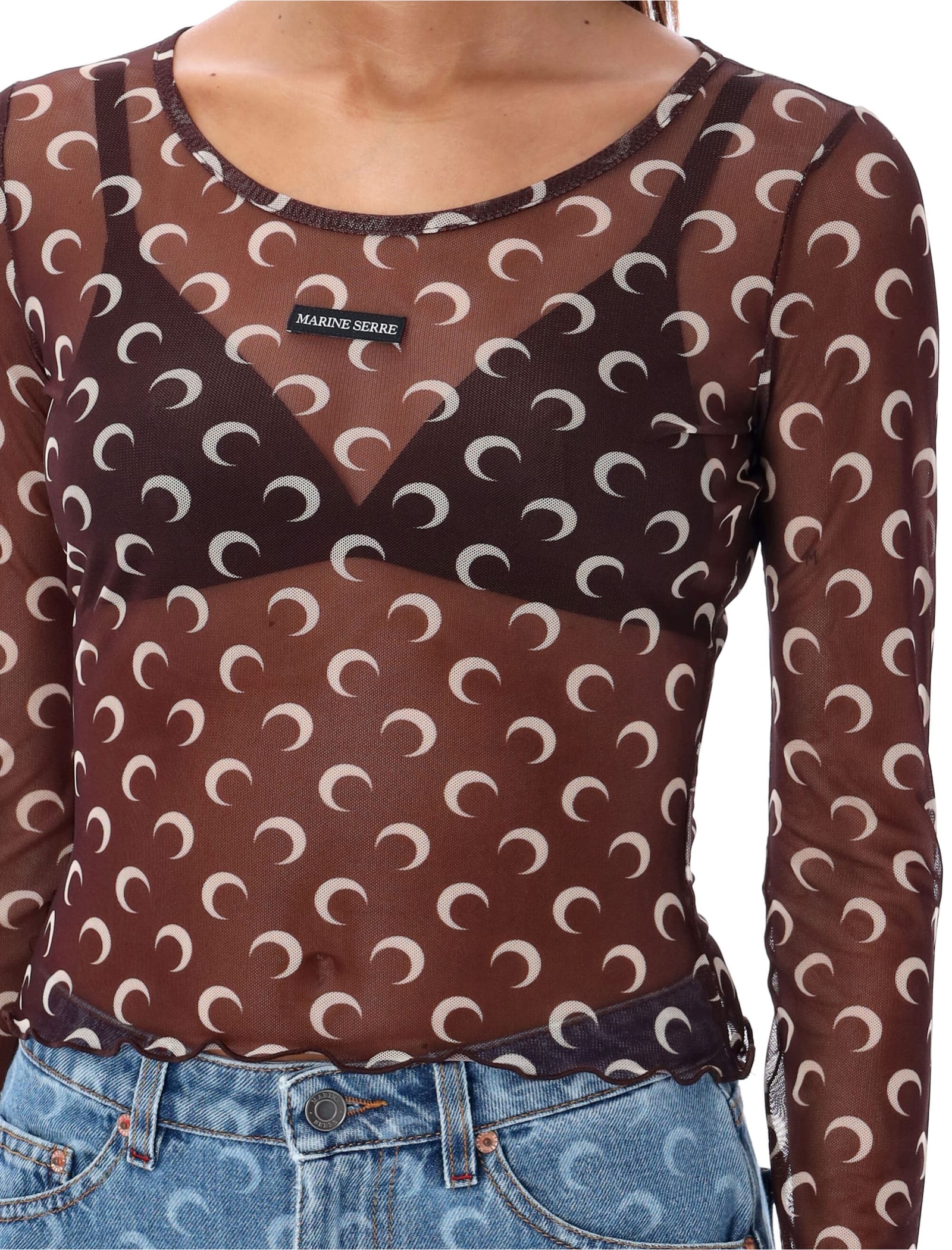 Shop Marine Serre Mesh Moon Crew Neck Top In Brown