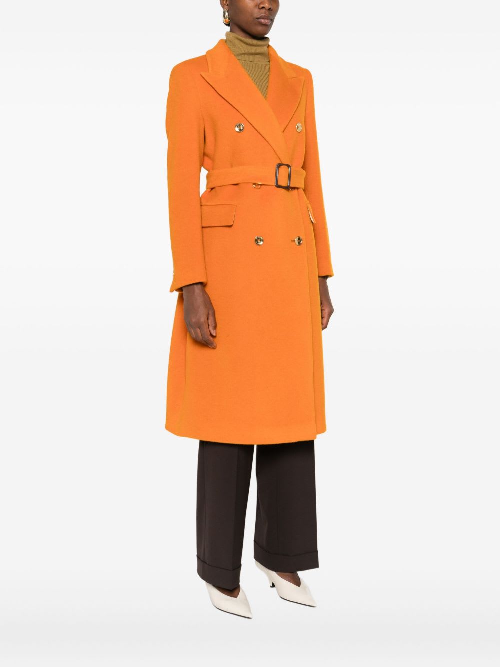 Tagliatore Long Length Wool Coat With Gold-tone Buttons In Orange