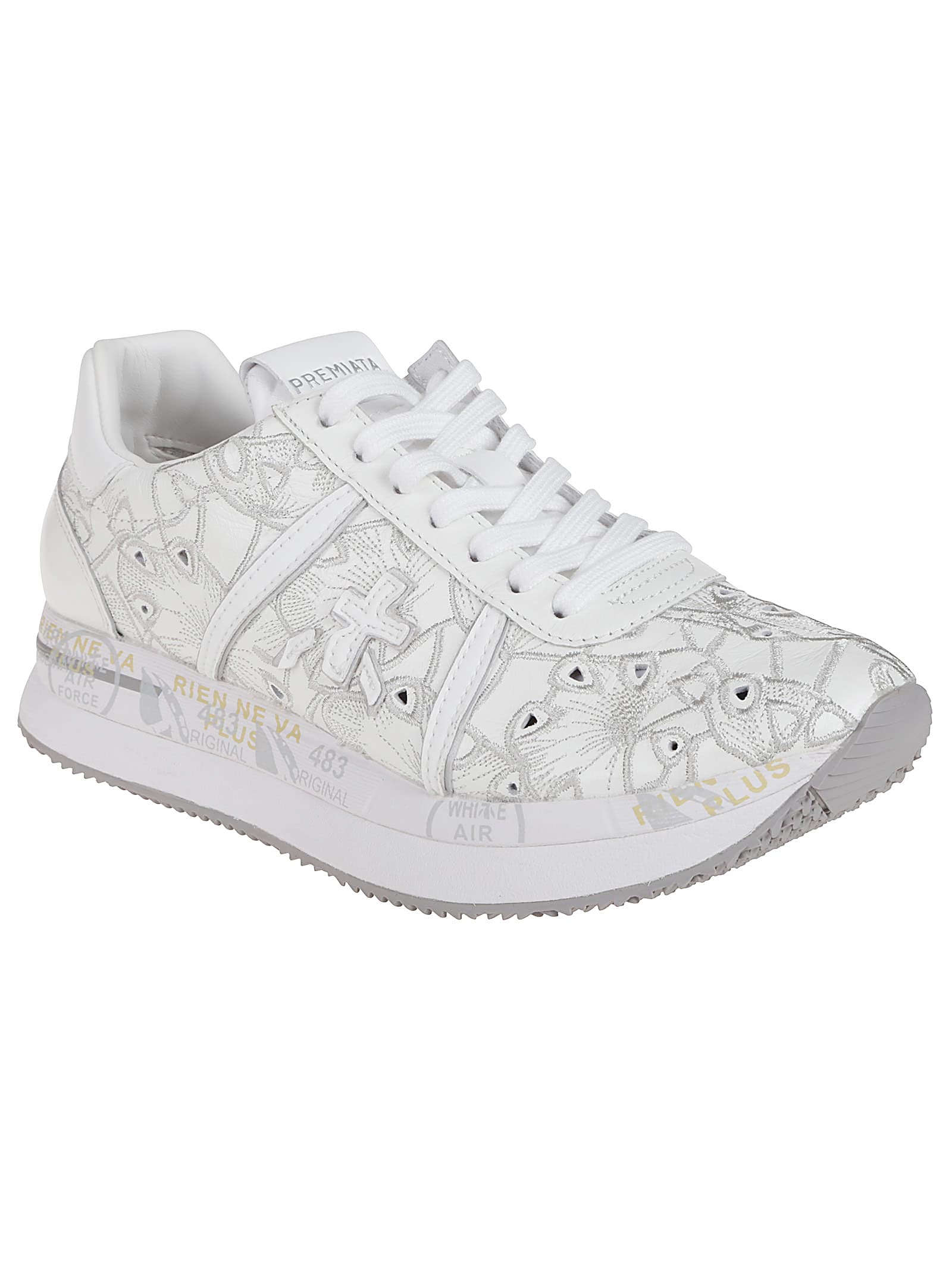 Premiata Low Top Leather Sneakers With Embroidered Round Toe In White