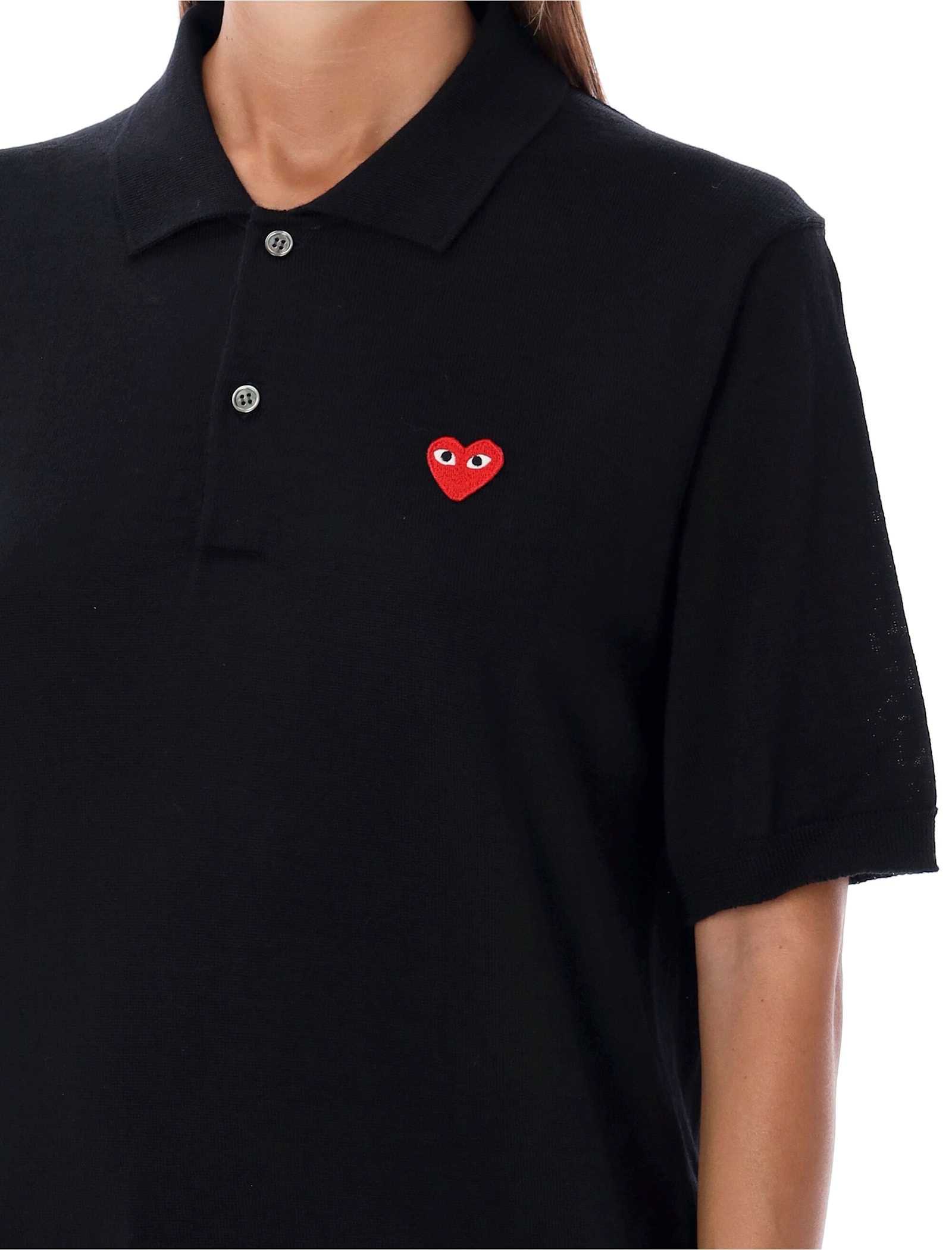 Shop Comme Des Garçons Play Red Heart Knit Polo Shirt In Black