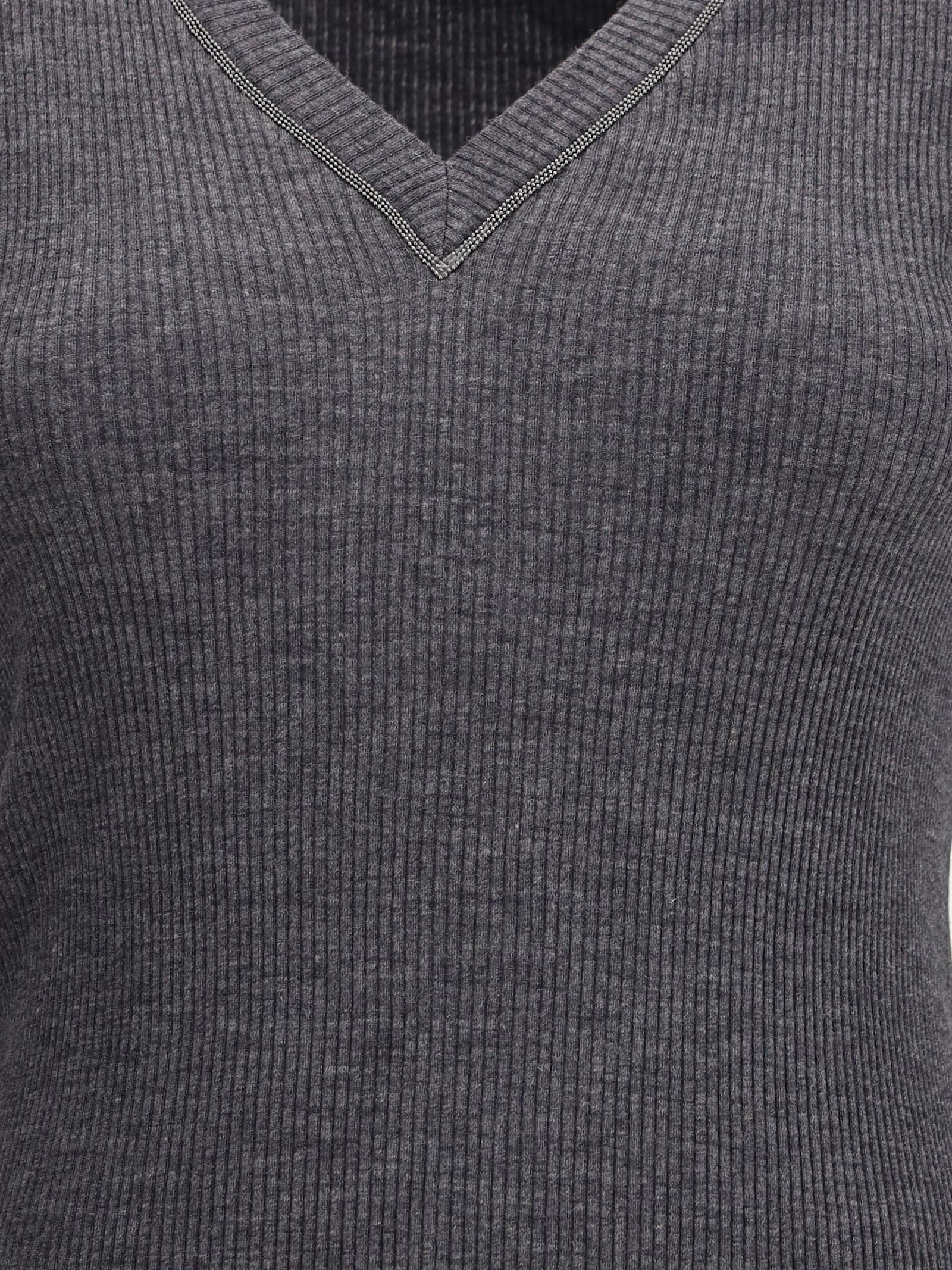 Brunello Cucinelli Long Sleeve Wool Ribbed Jersey T-shirt With Shiny Trim In Gray