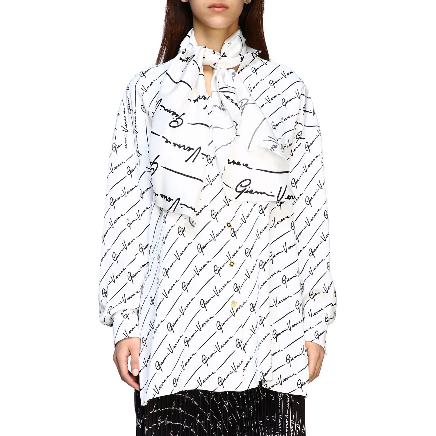 Versace Silk Shirt With All Over Signature And Maxi Scarf In White