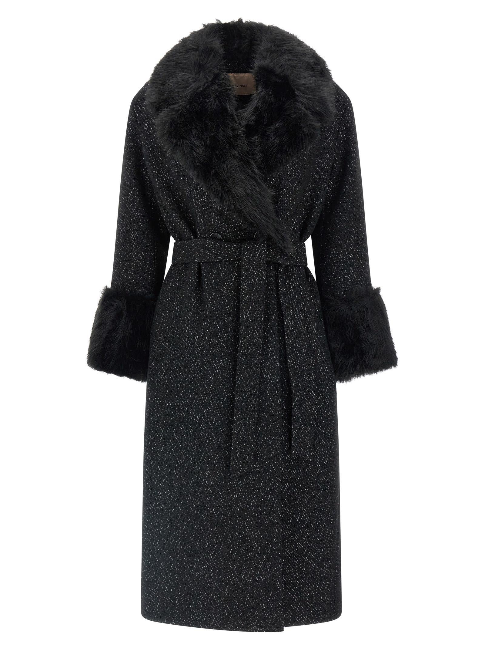 Twinset Lamé Thread Coat In Black