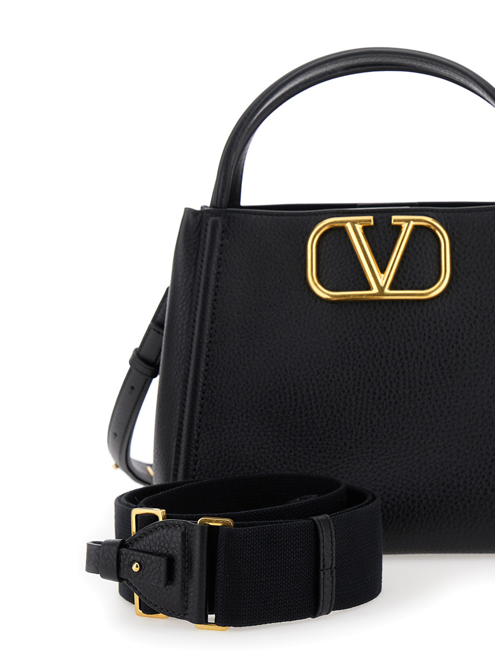 Shop Valentino Alltime Medium Black Handbag With Vlogo Detail In Hammered Leather Woman