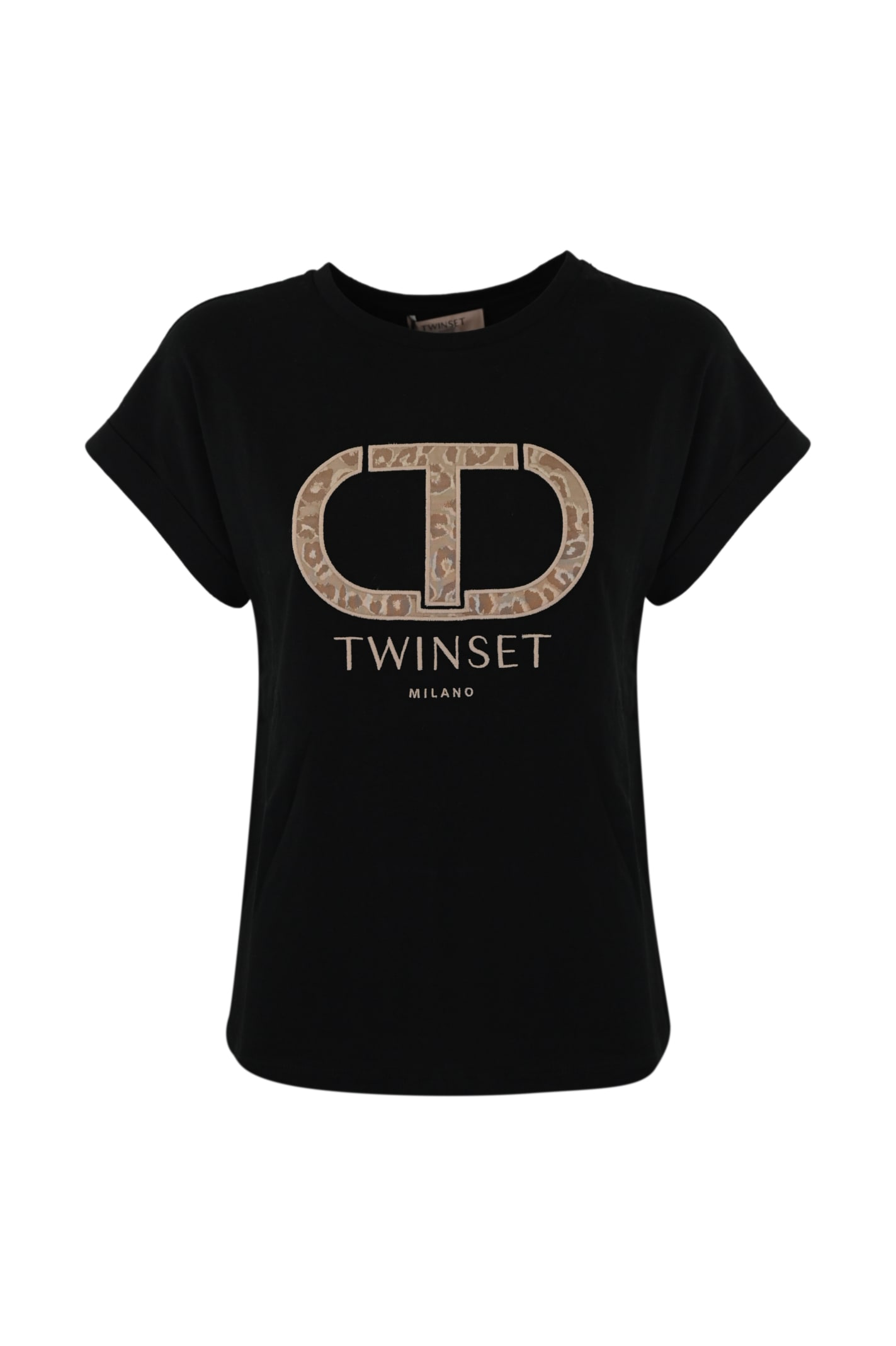 Shop Twinset Cotton T-shirt With Animalier Logo In Nero