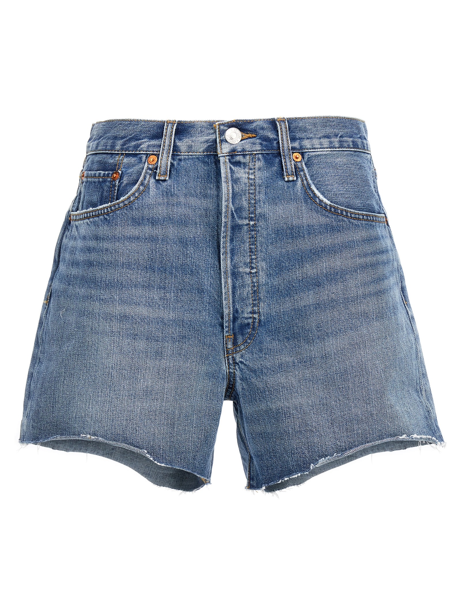 Re/done 90s Slung High Rise Denim Shorts In Blue