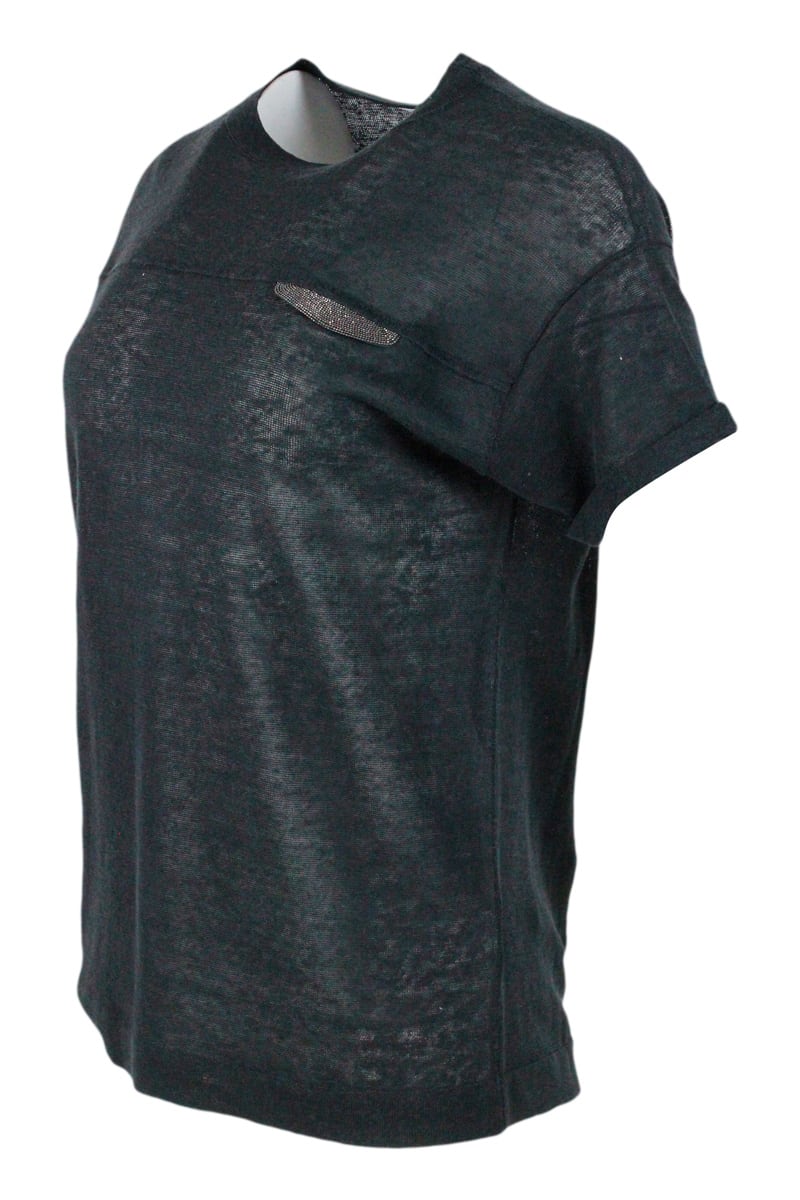 Shop Brunello Cucinelli Short-sleeved Crew-neck Linen Sweater Embellished With Monili Detail On The Chest In Grey