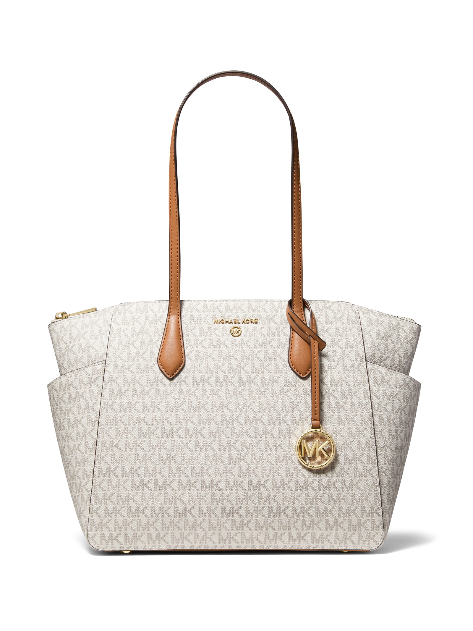 Shop Michael Kors Medium Marilyn Tote Bag With Logo In Vanilla Acrn