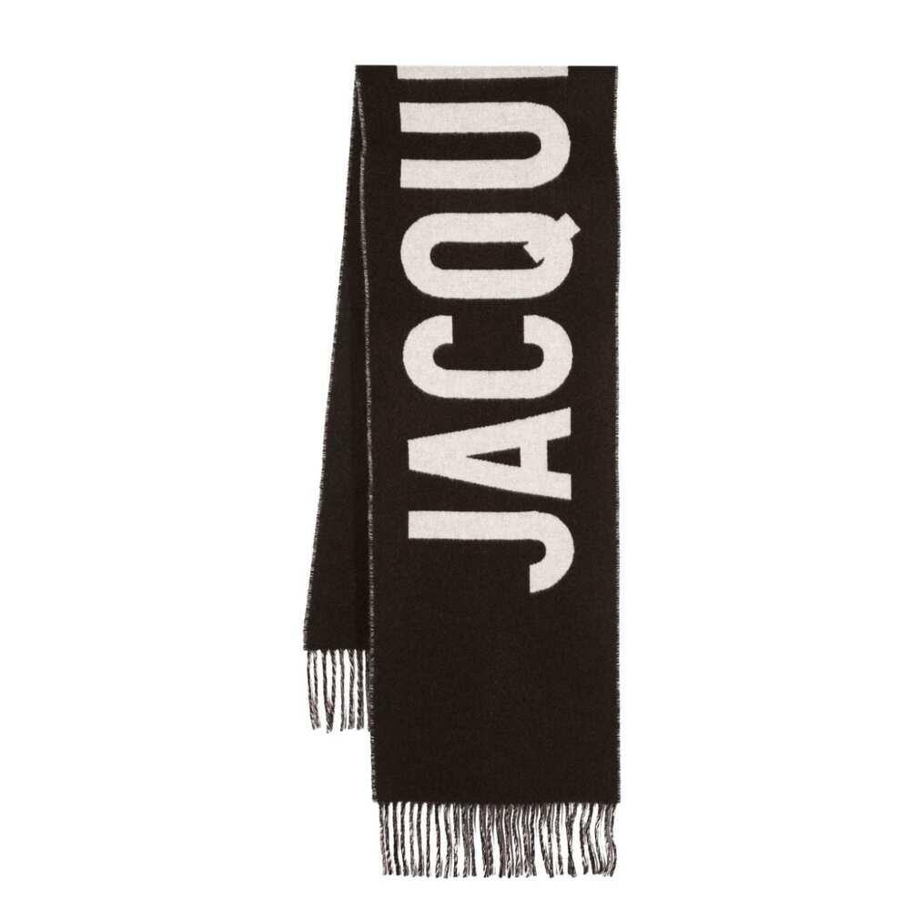 Shop Jacquemus Logo Jacquard Fringed Edge Scarf In Brown