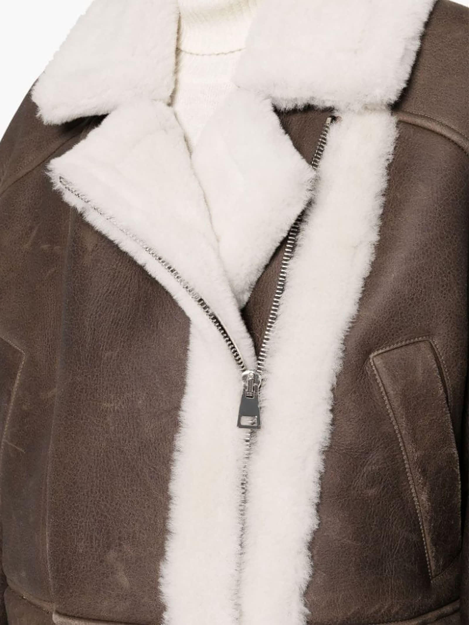 Blancha Shearling Cropped Jacket With White Fur Trim In Leather in Brown