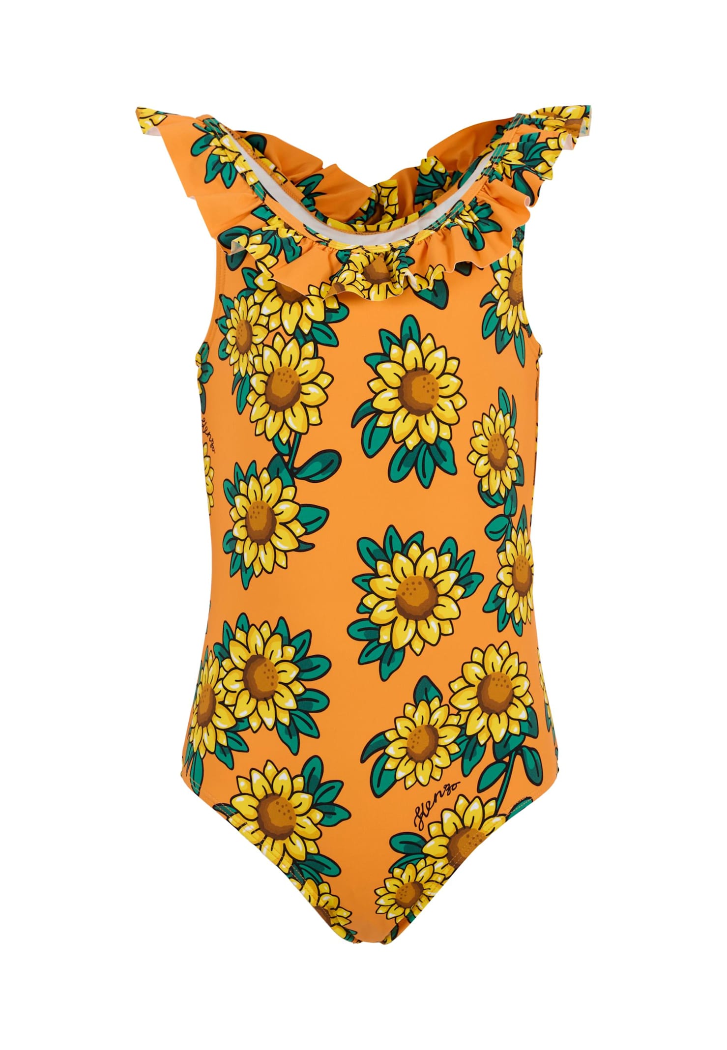 Kenzo Orange Swimsuit For Girl With Sunflower In Orange