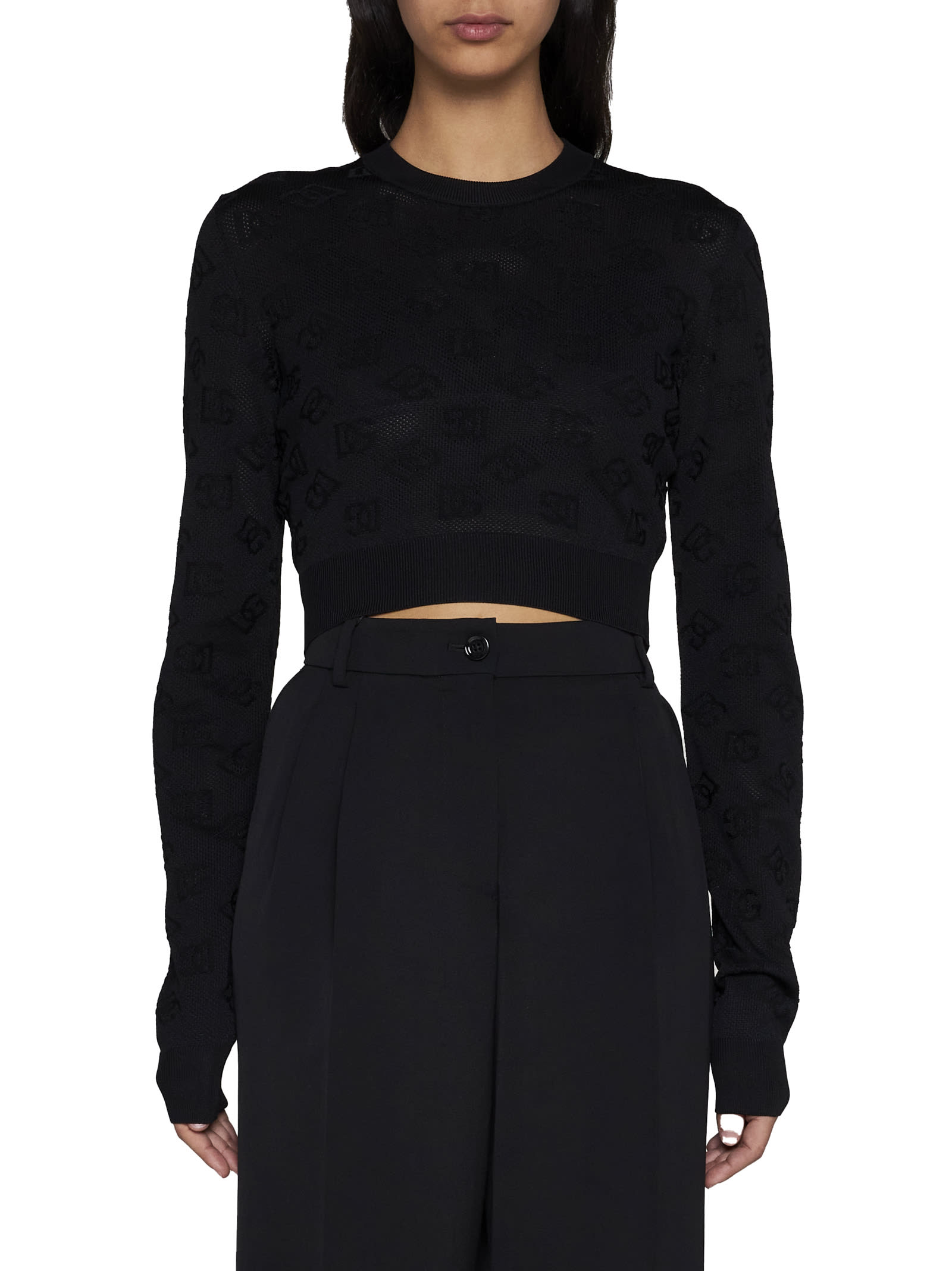 Dolce & Gabbana Viscose Mesh Top With All-over Dg Logo In Black