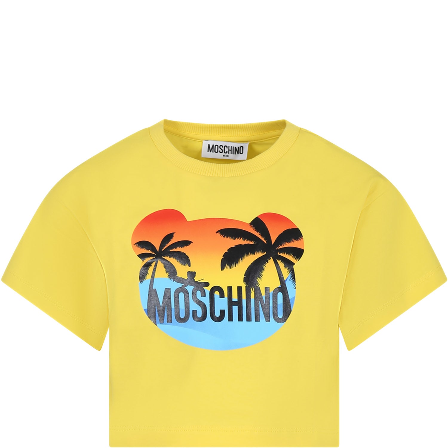 Moschino Kids' Yellow T-shirt For Girl With Multicolor Print And Logo