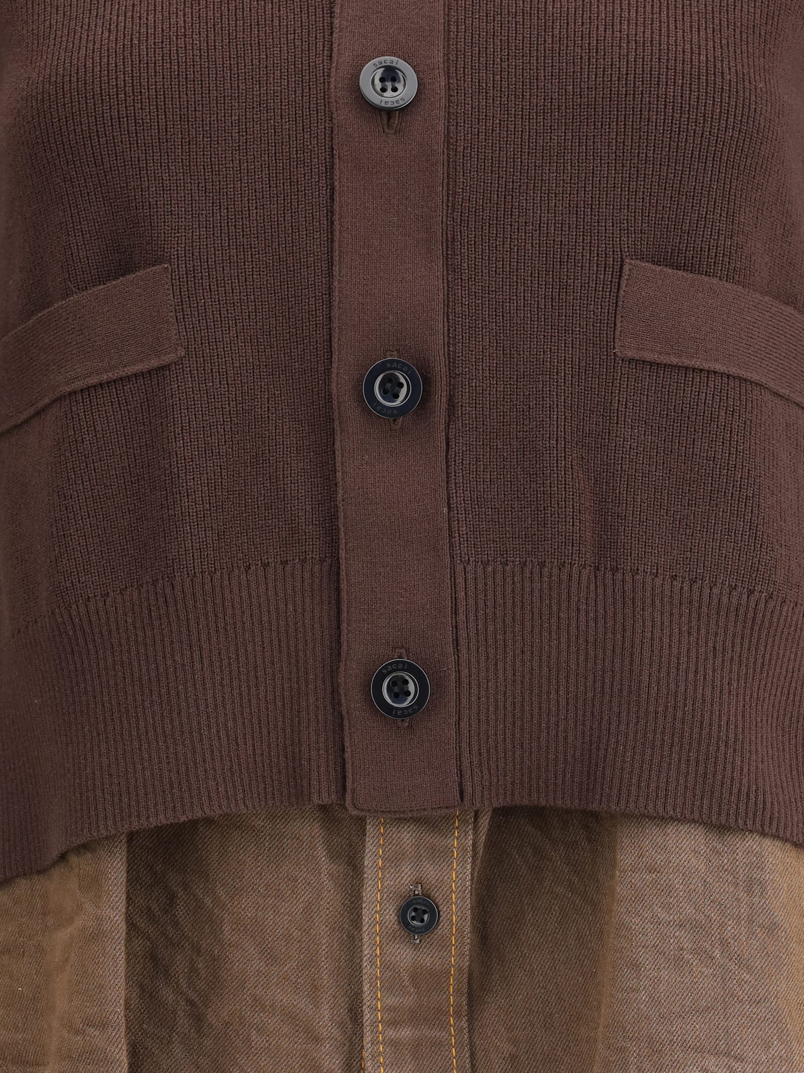 Sacai Cardigan With Denim Panel In Brown