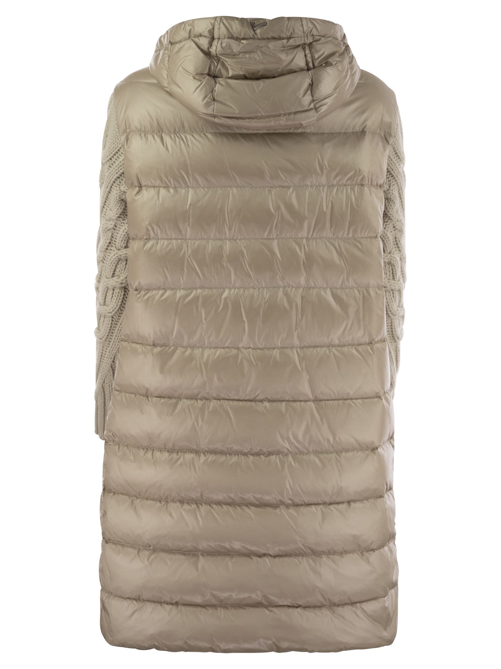 Herno Elegant Long Down Jacket With Wool-textured Sleeves In Beige