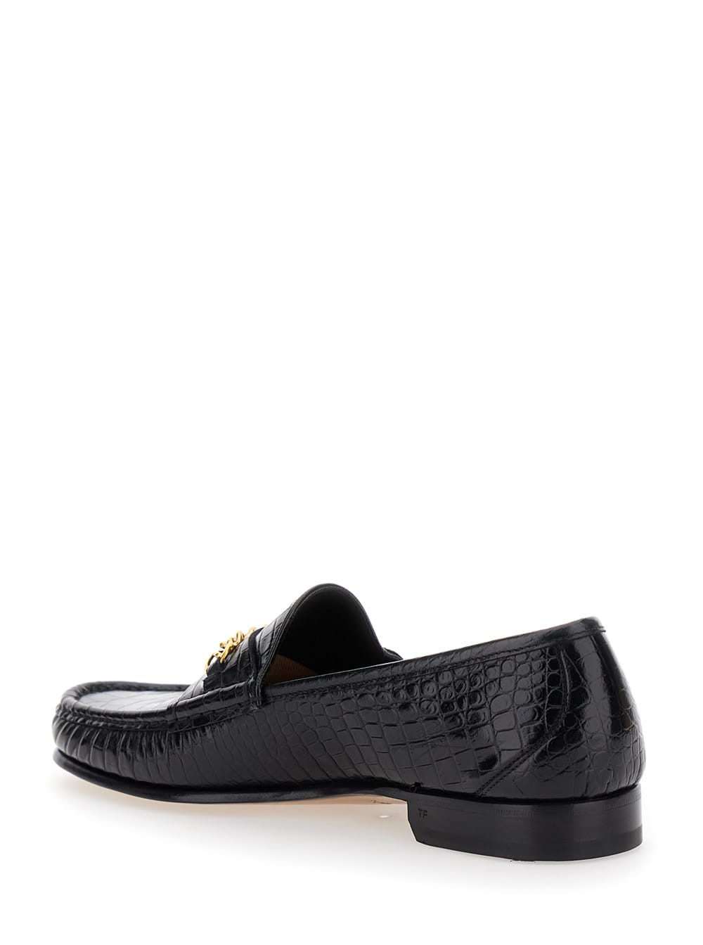 Shop Tom Ford Black Slip-on Loafers With Chain Detail In Croco Effect Leather Man