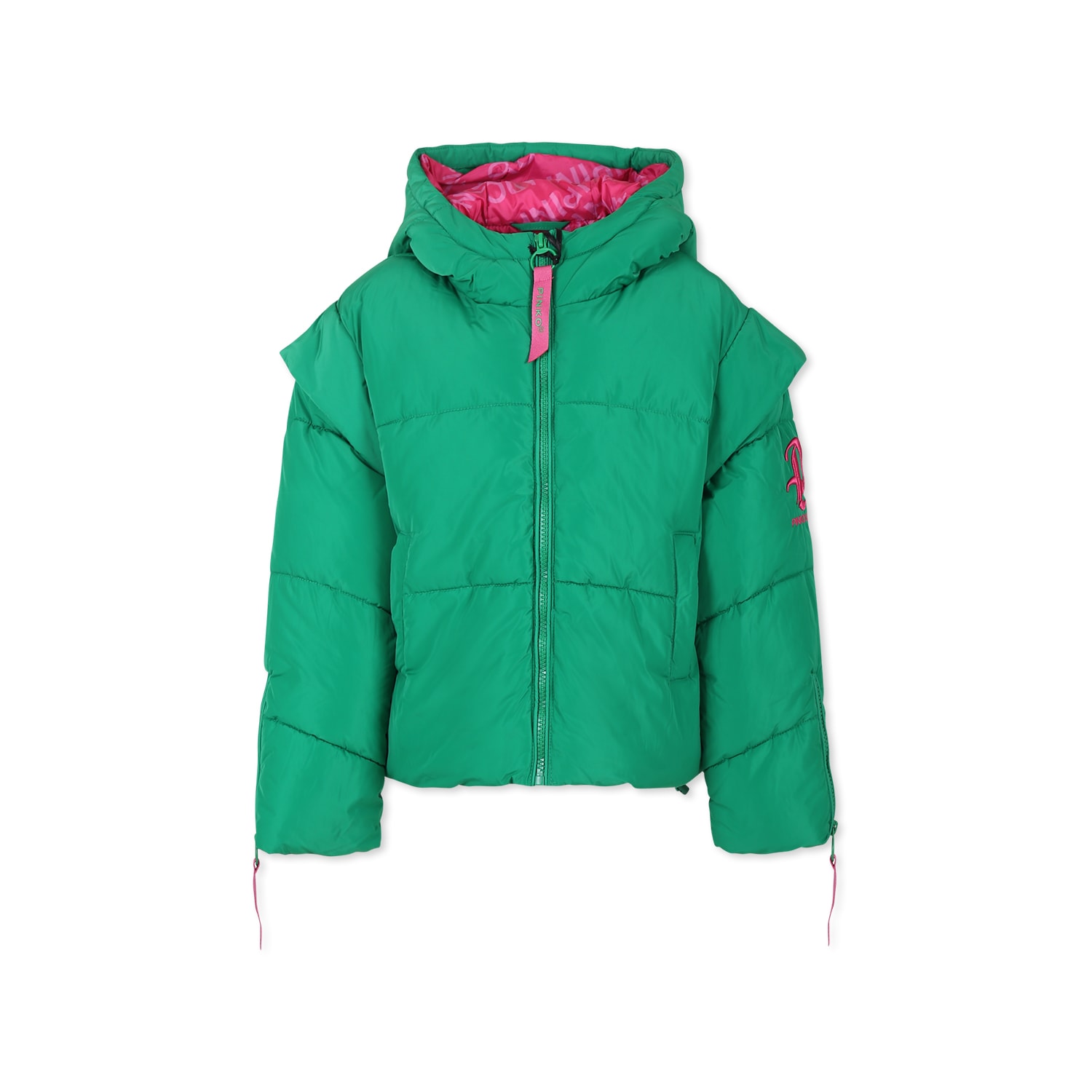 PINKO GREEN DOWN JACKET FOR GIRL WITH LOGO 