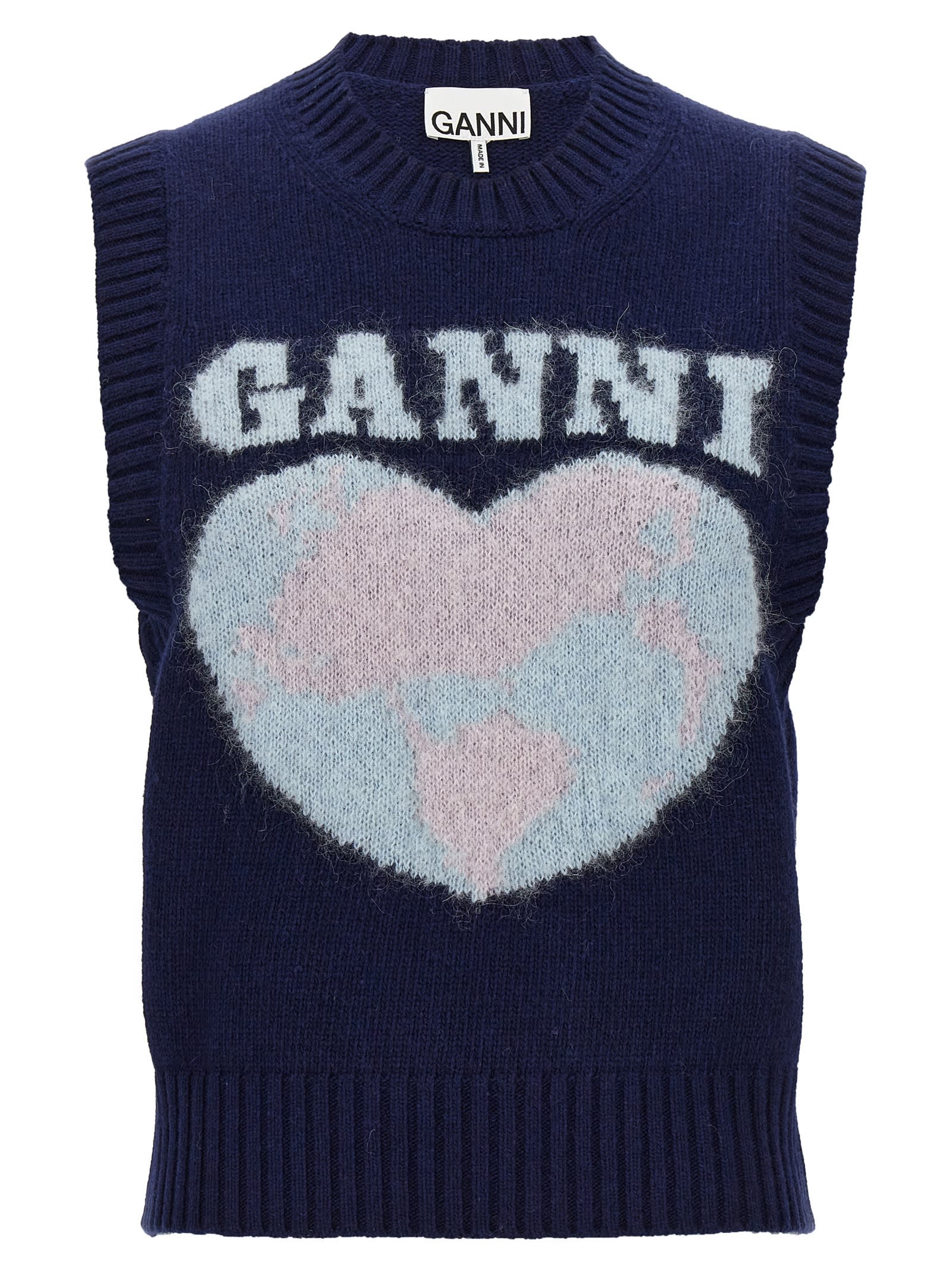 Shop Ganni Logo Intarsia Vest In Blue