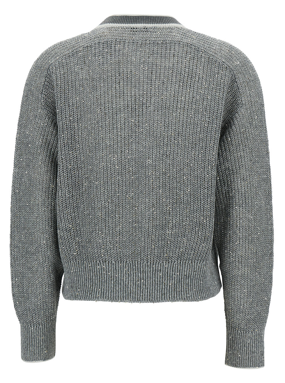 Shop Brunello Cucinelli Grey Pullover With V Neckline And All-over Sequins In Linen Woman