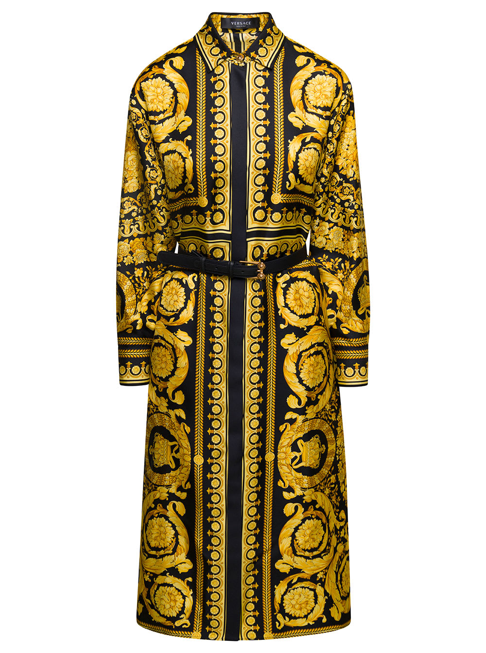 VERSACE BLACK AND GOLD TONE BELTED SHIRT DRESS WITH BAROQUE PRINT ALL-OVER IN SILK WOMAN