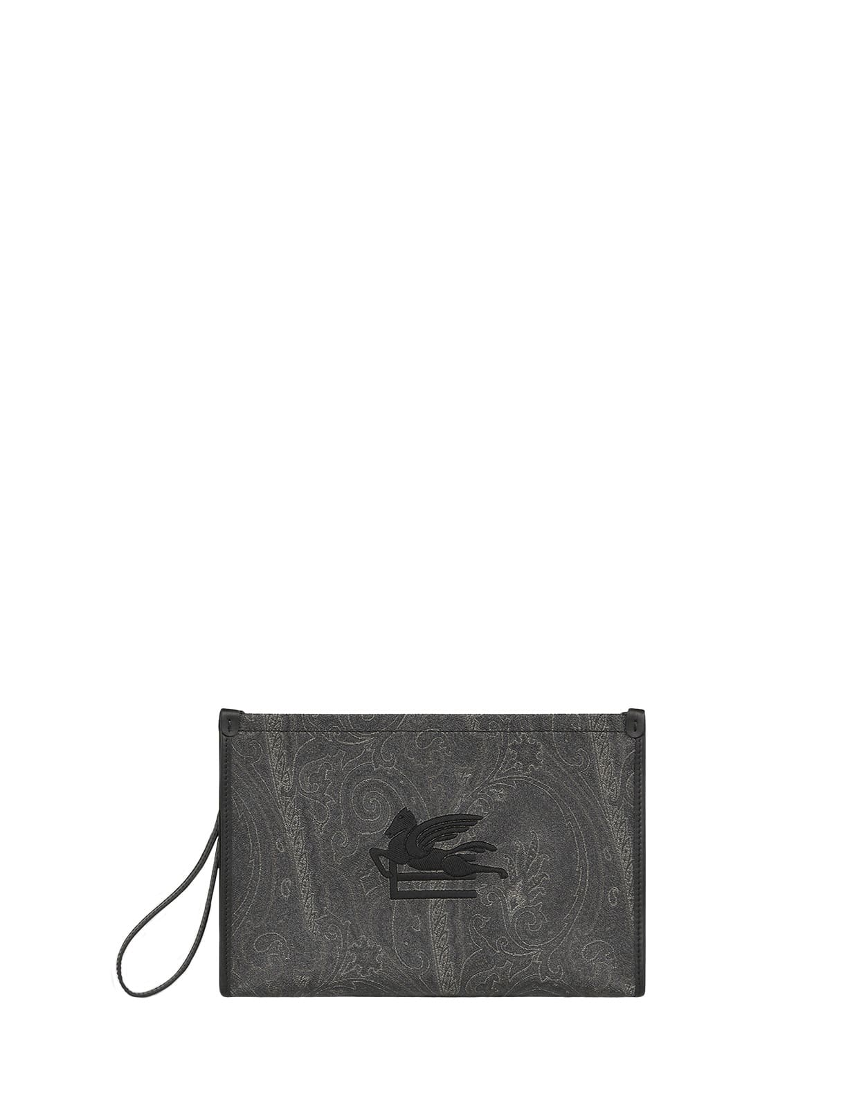 Shop Etro Large Black Paisley Pouch With Pegasus