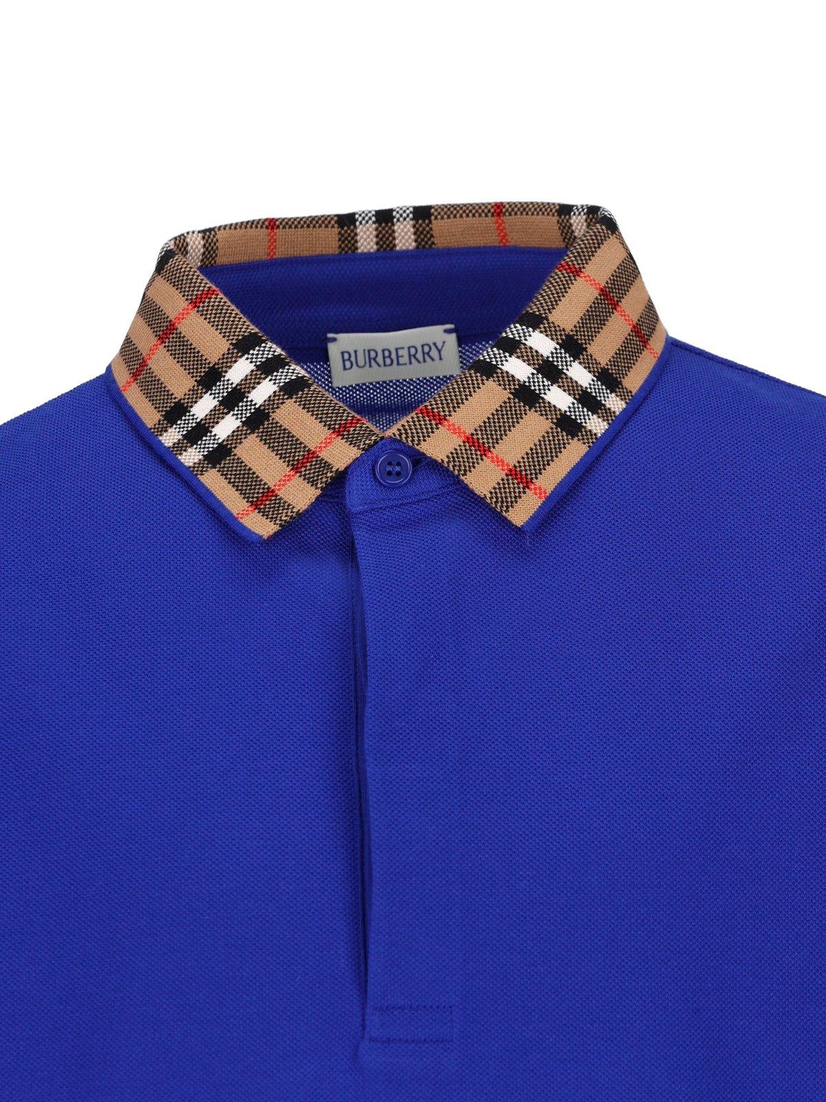 Shop Burberry Check-collar Short Sleeved Polo Shirt In Blue