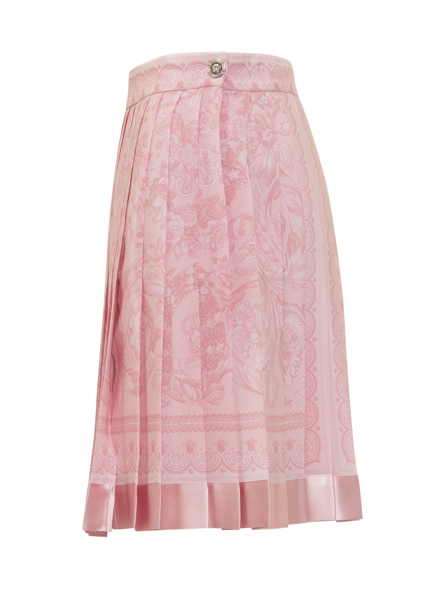 Shop Versace Pleated Silk Miniskirt With Baroque Print In Pale Pink