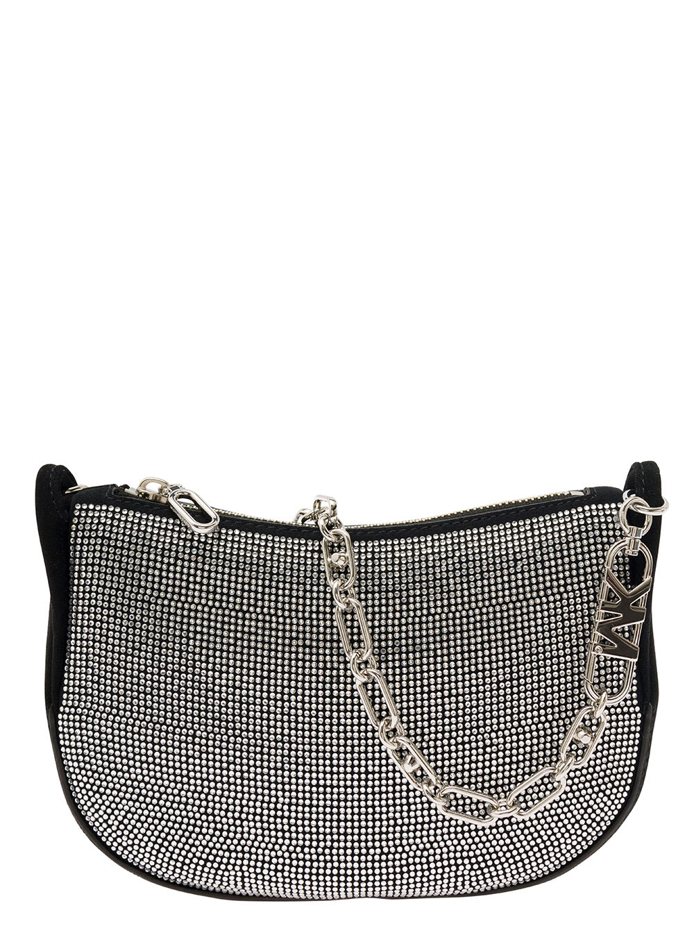 MICHAEL MICHAEL KORS BRACELET POUCH BLACK HANDBAG WITH ALL-OVER RHINESTONE AND BRANDED CHAIN IN FABRIC WOMAN