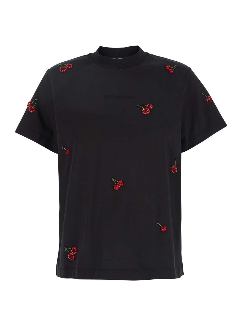 Des Phemmes Black T-shirt With All-over Sequined Cherry Decorations In Cotton Woman