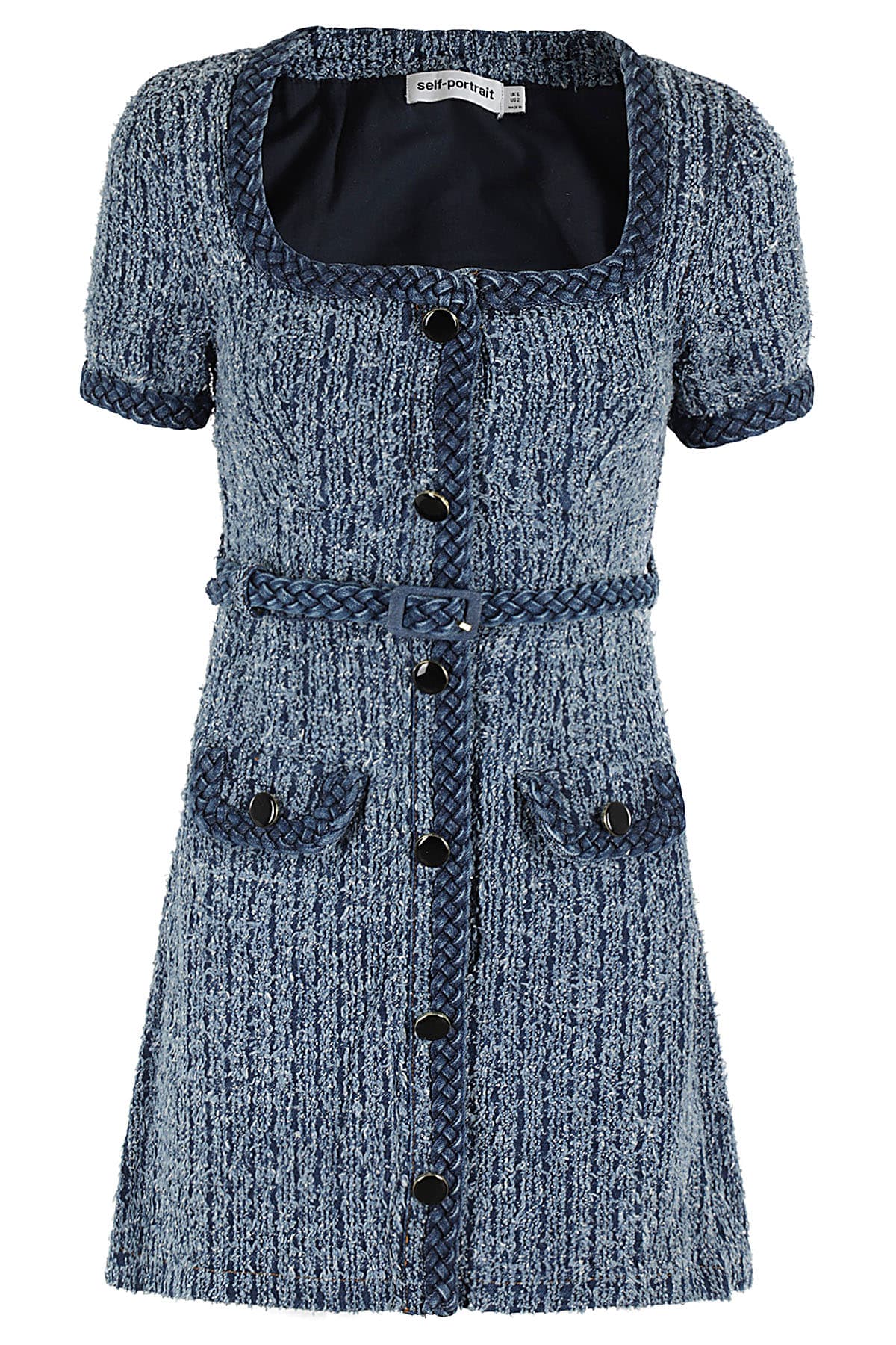Shop Self-portrait Textured Denim Short Sleeve Mini Dress In Blue