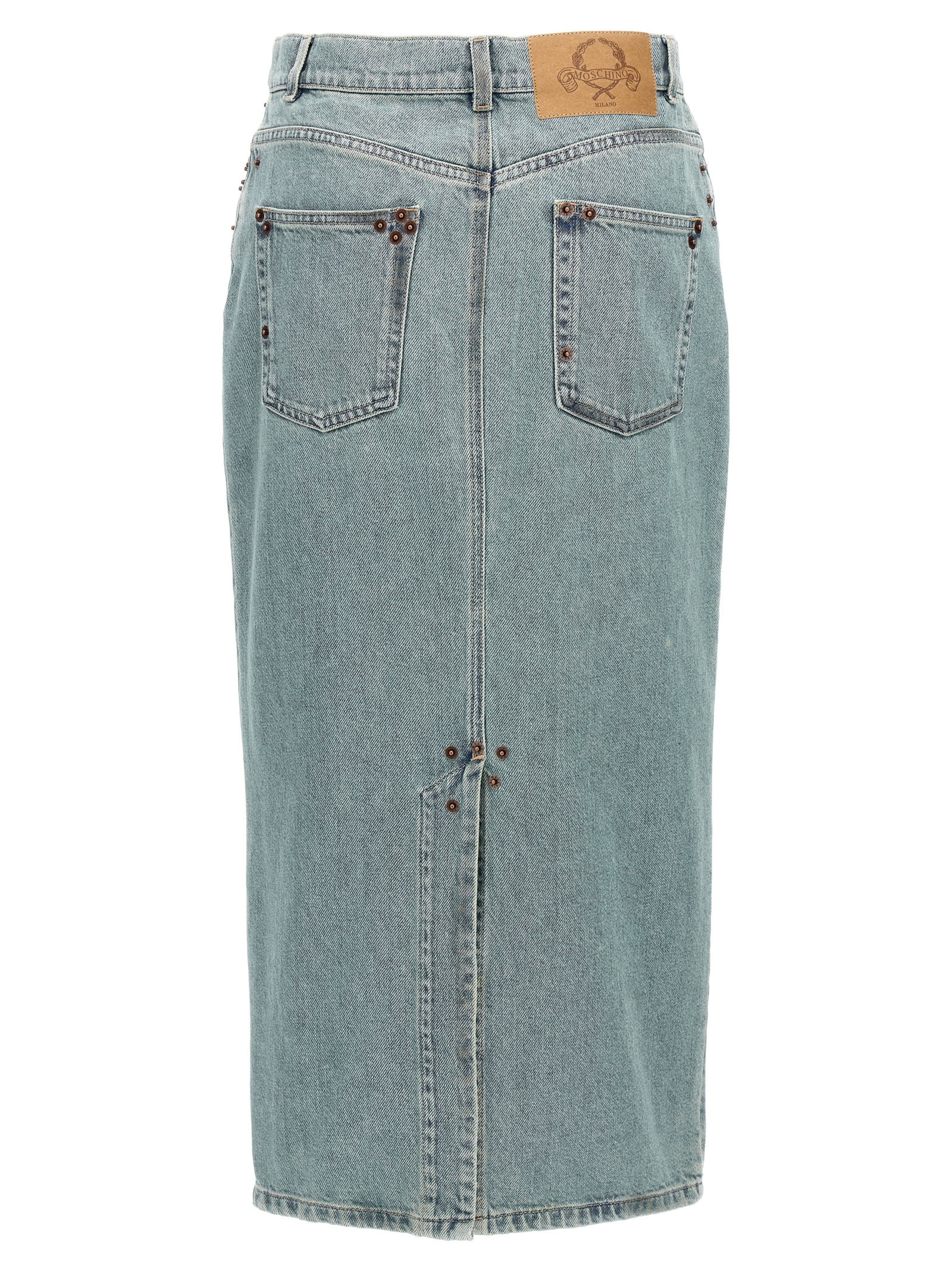 Shop Moschino Rivets Denim Skirt In Light Blue