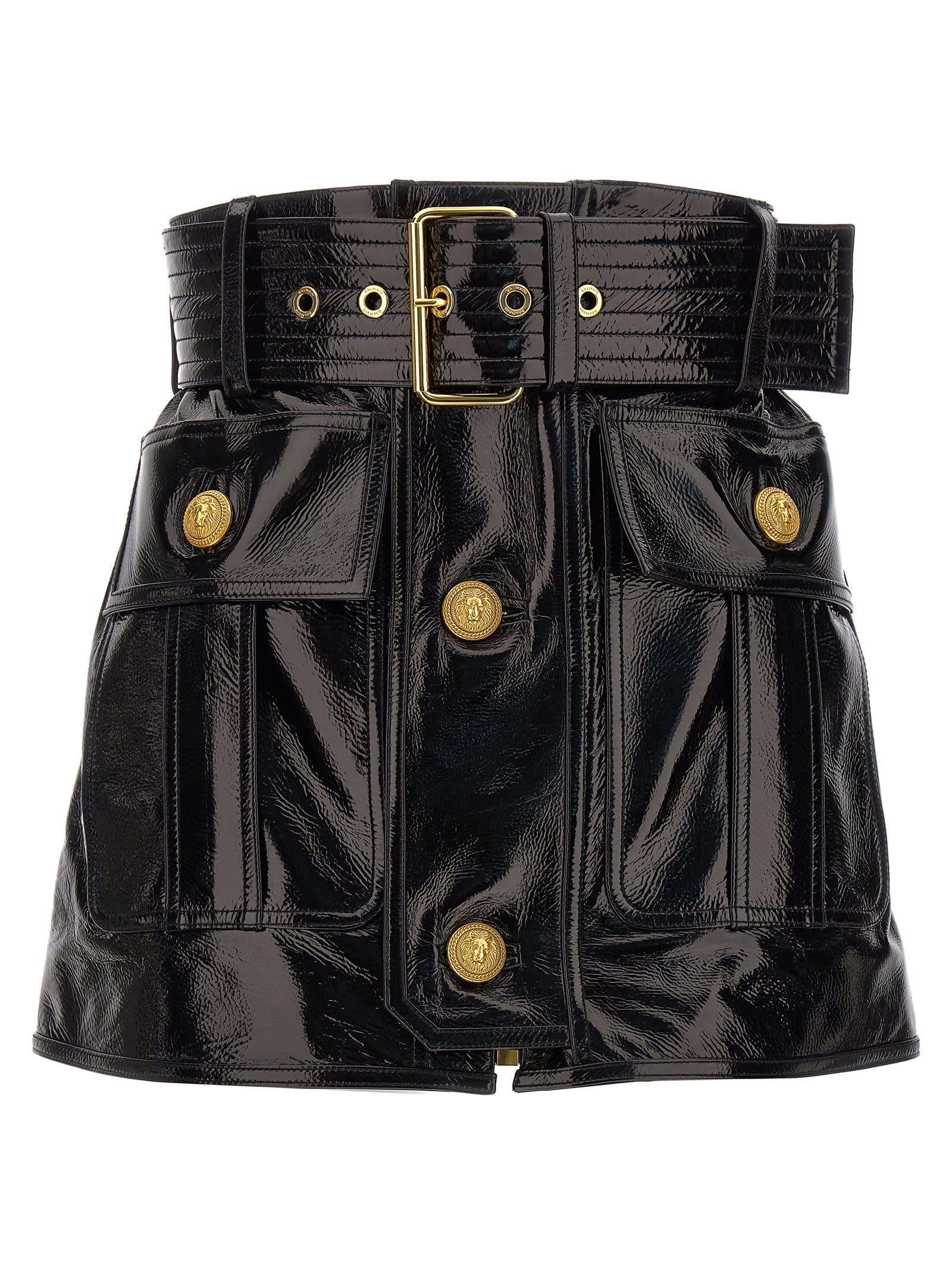 Balmain Belt-up Shiny Leather Skirt In Black