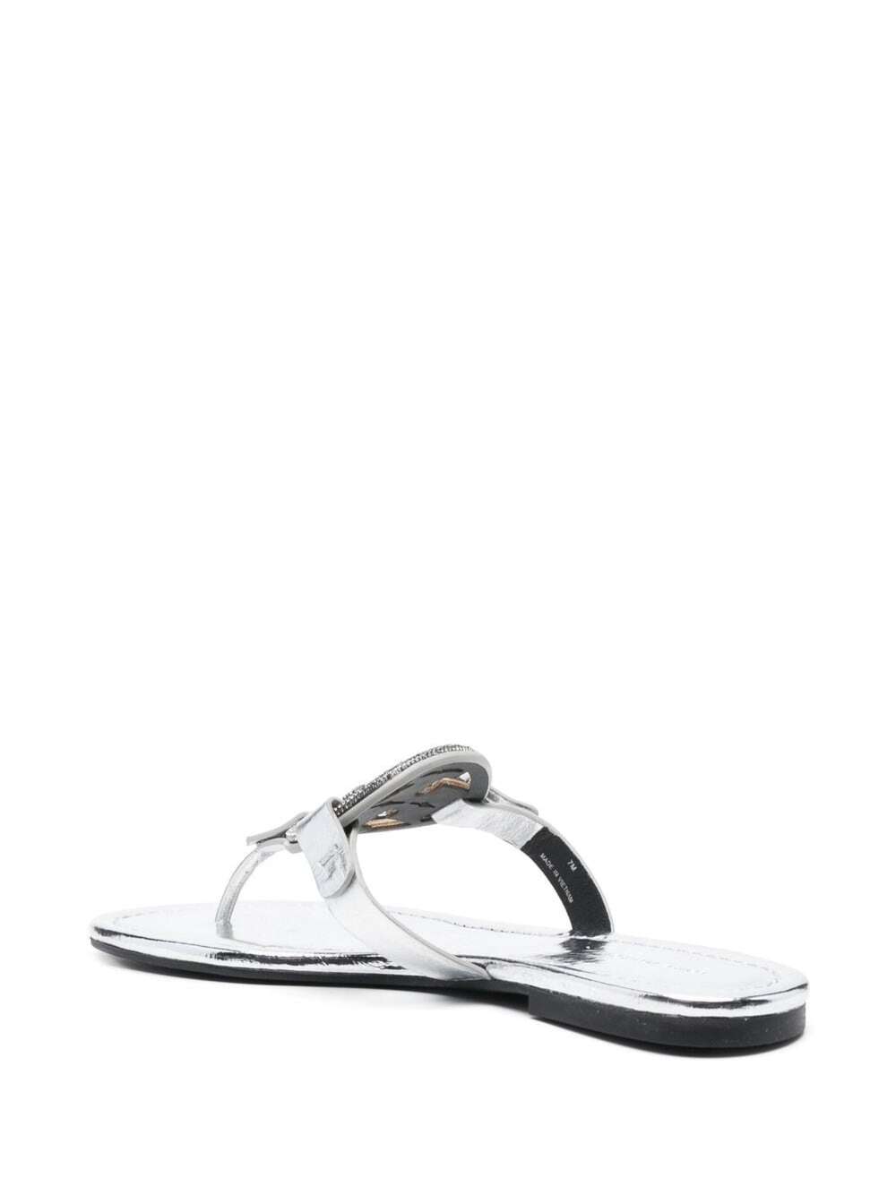 Shop Tory Burch Miller Silver-tone Thong Sandal With Crystal Embellished Logo In Metallic Leather Woman