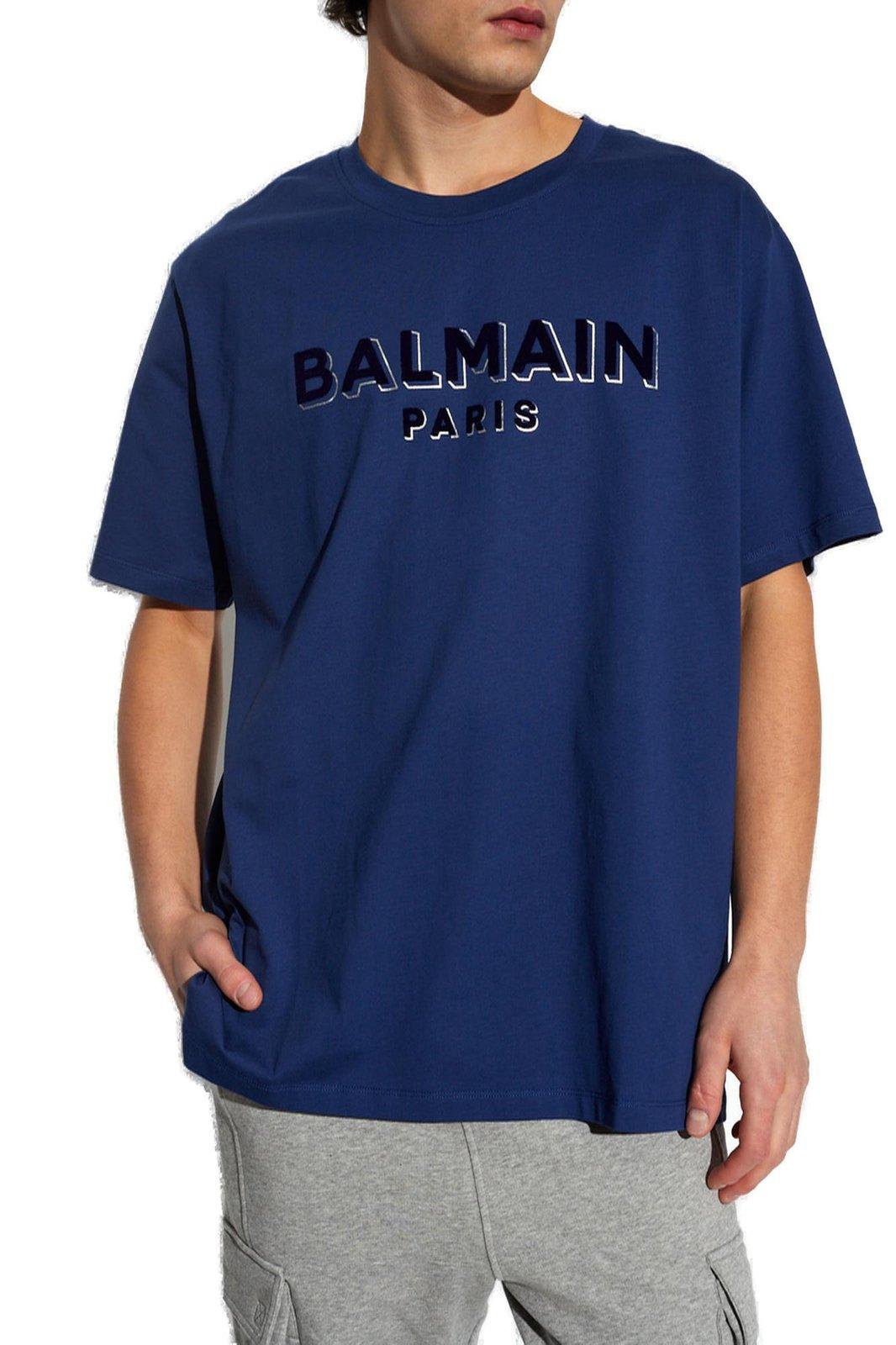 Shop Balmain Logo Printed Crewneck T-shirt In Blue
