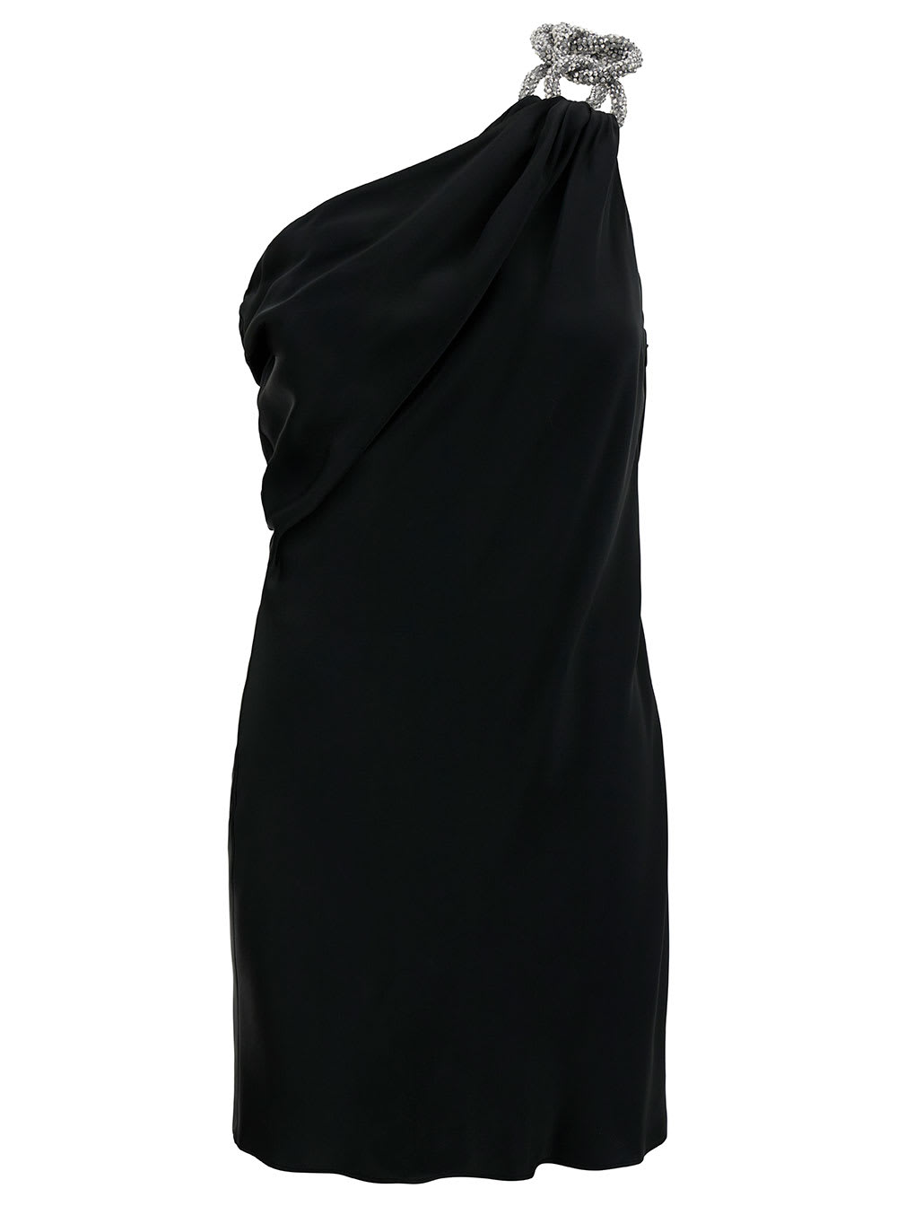 Shop Stella Mccartney Black One-shoulder Mini Dress With Crystal Chain In Double Satin Woman