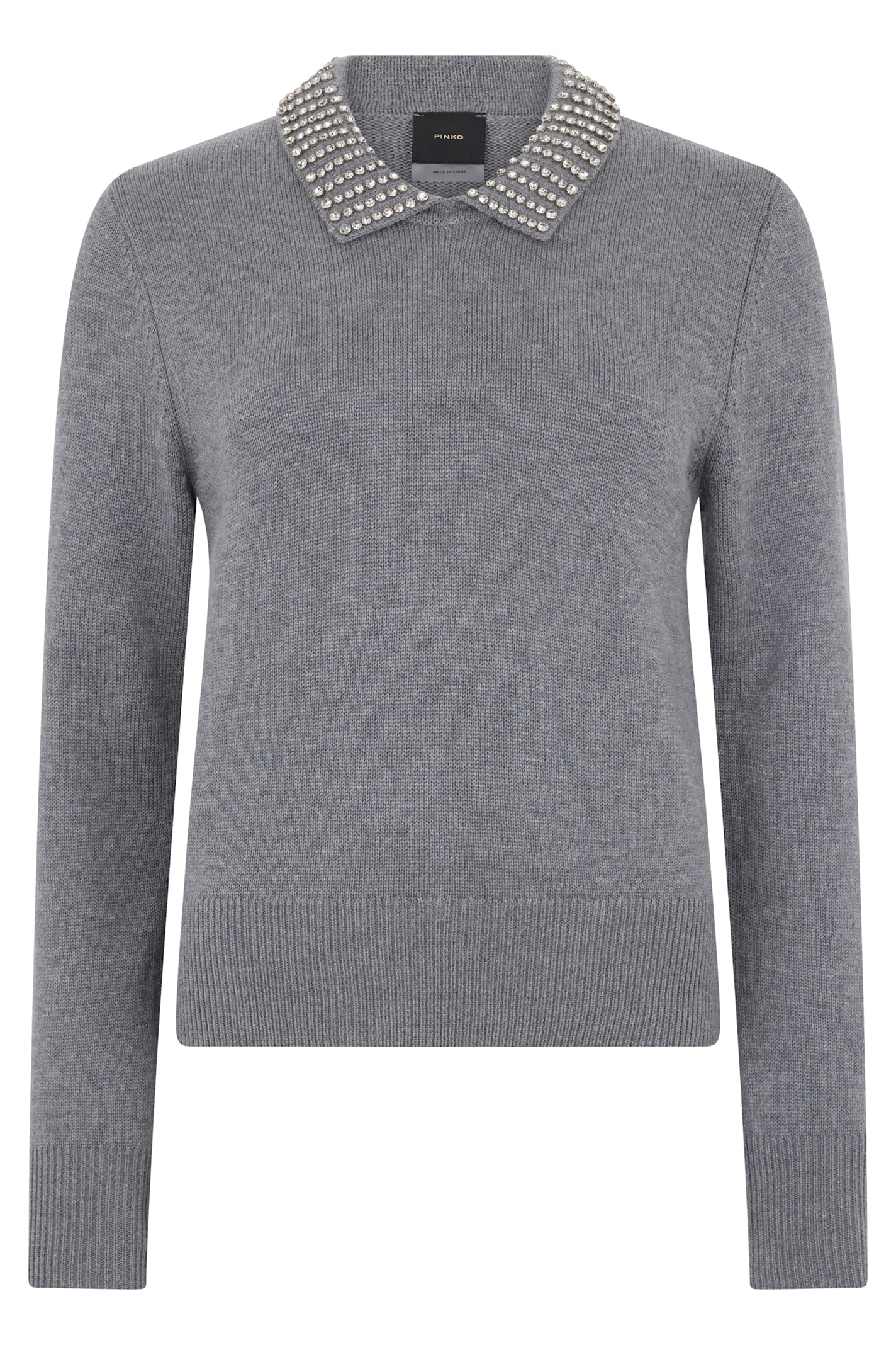 Pinko Sweater With Collar And Rhinestones In Gray