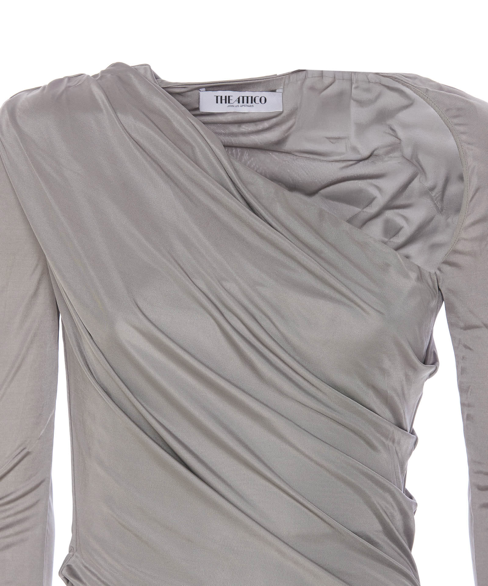 Attico Draped Satin Long Sleeved Mini Dress In Grey