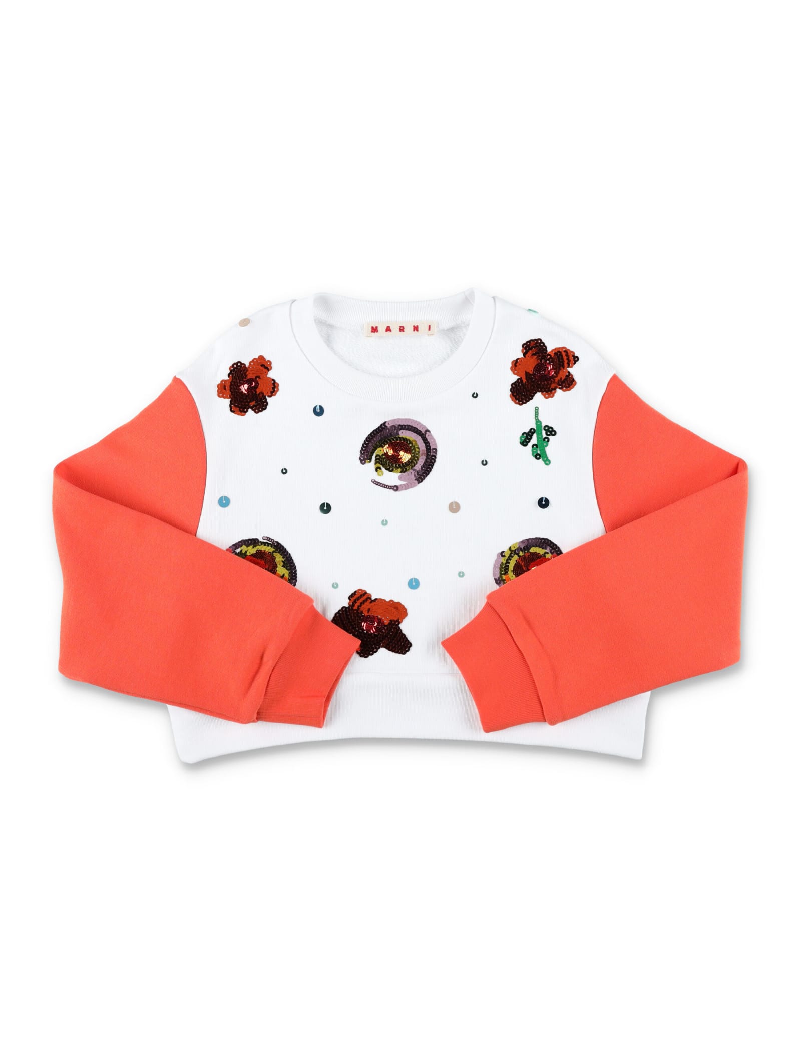 Shop Marni Crew-neck Sweatshirt With Floral Graphics In White/orange