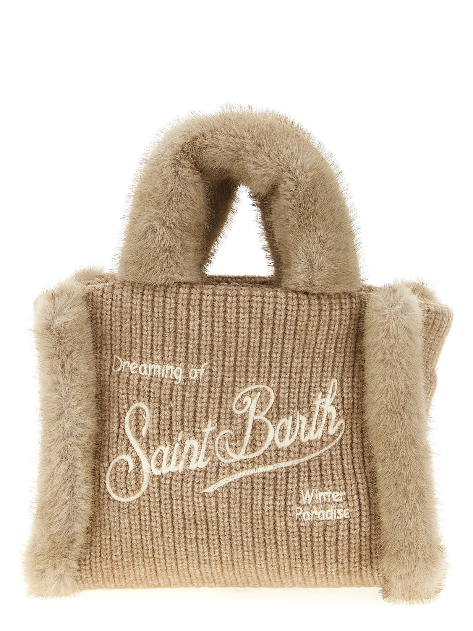Mc2 Saint Barth Vanity Mini Shearling Rib Hand Bags Beige In Brown