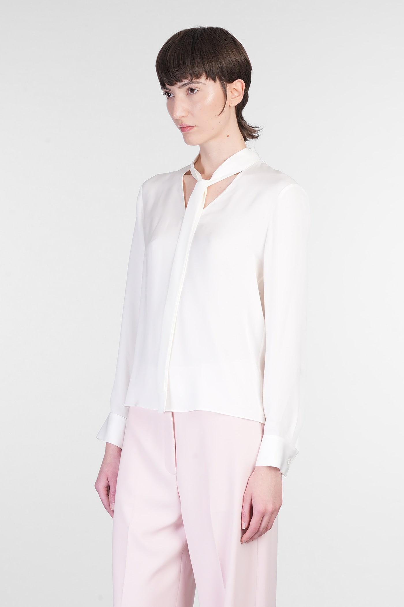 Theory Open Neck Silk Tie Blouse