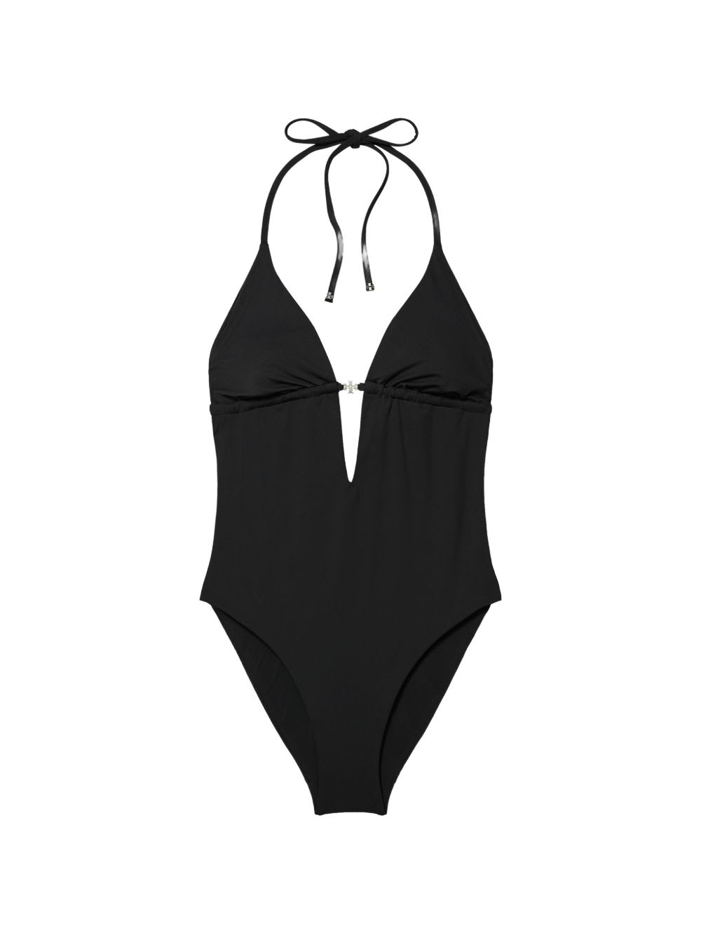 Tory Burch Halter Neck Plunge Swimsuit Ring Detail In Black