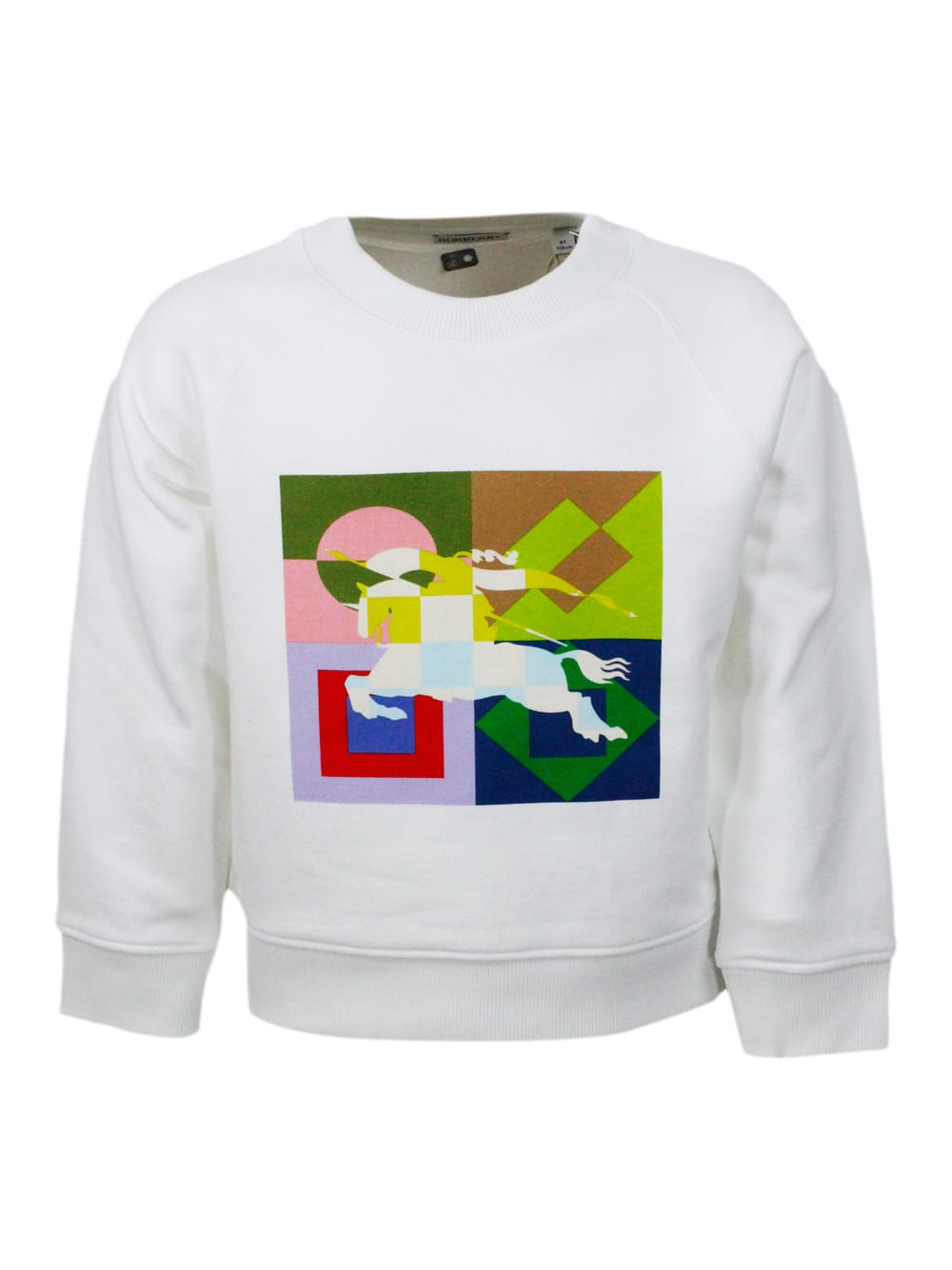 Burberry Crew-neck, Long-sleeved Sweatshirt In Soft Sponge-effect Cotton With Equestrian Knight Printed On A In White