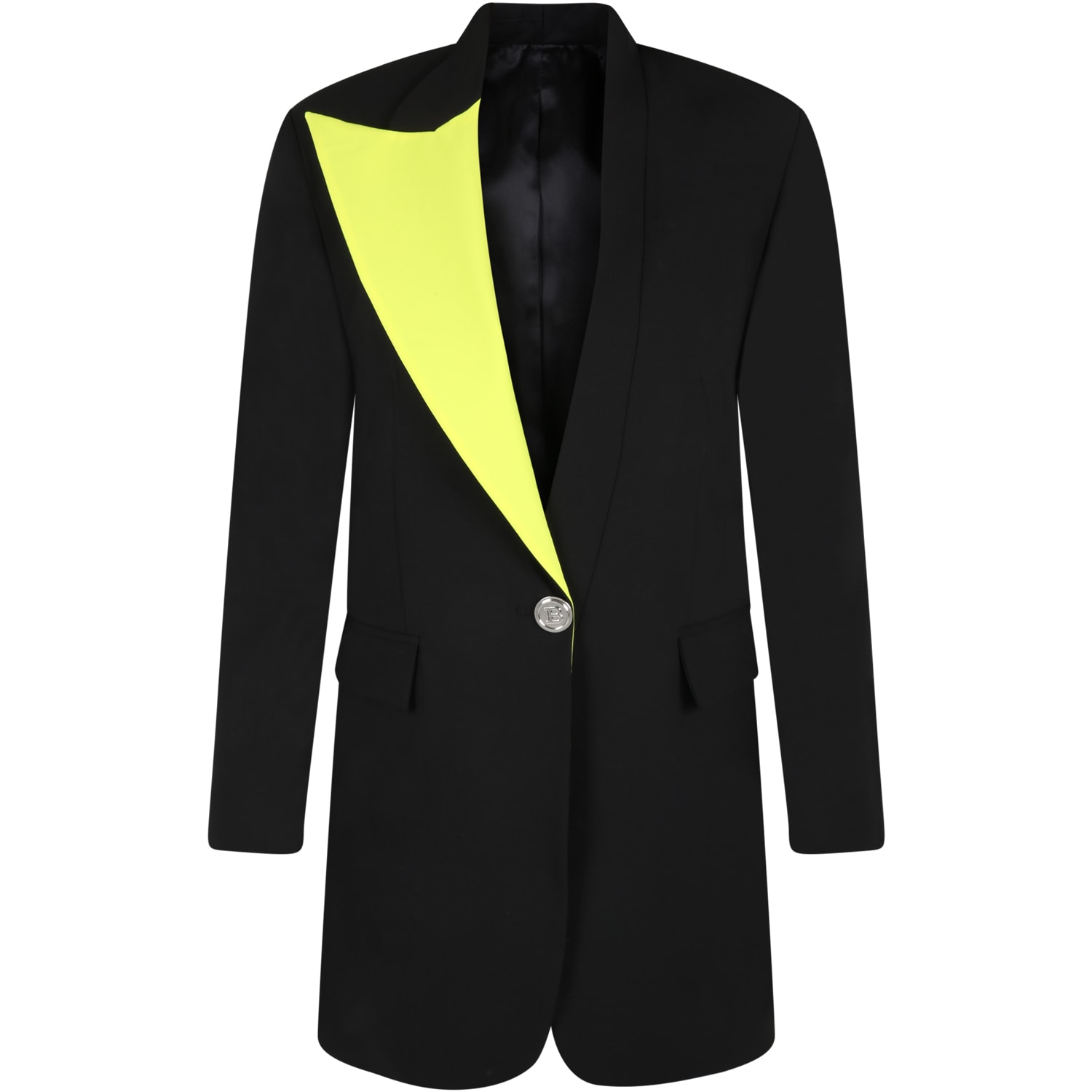 Balmain Black Dress For Girl With Neon Yellow Detail