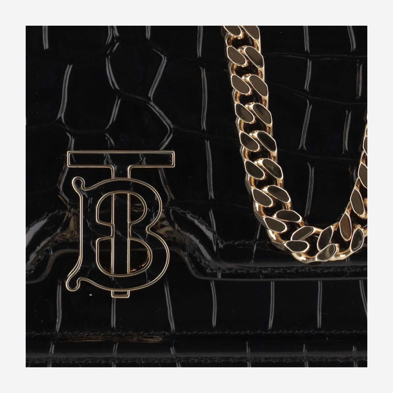 Shop Burberry Tb Mini Embossed Leather Bag With Chain Strap In Black