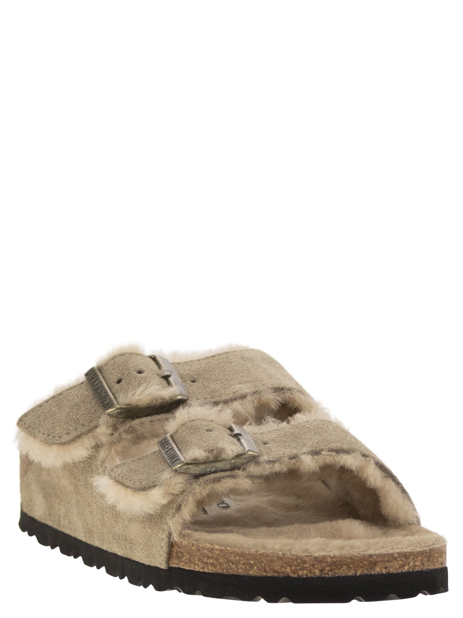 Shop Birkenstock Arizona - Suede Lamb Fur Slipper In Turtledove