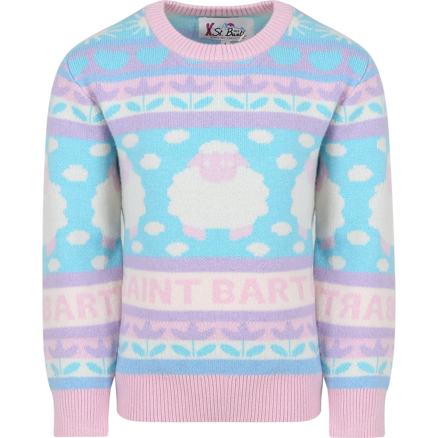 Mc2 Saint Barth Kids' Light Blue Sweater For Girl With Logo And Jacqurd Motif In Multicolor