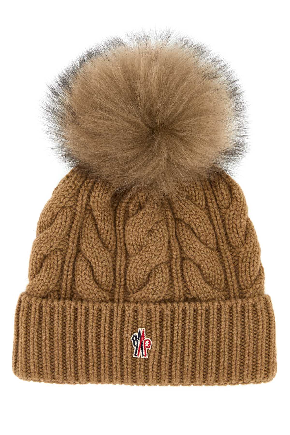 Moncler Grenoble Biscuit Wool Blend Beanie Hat In Brown
