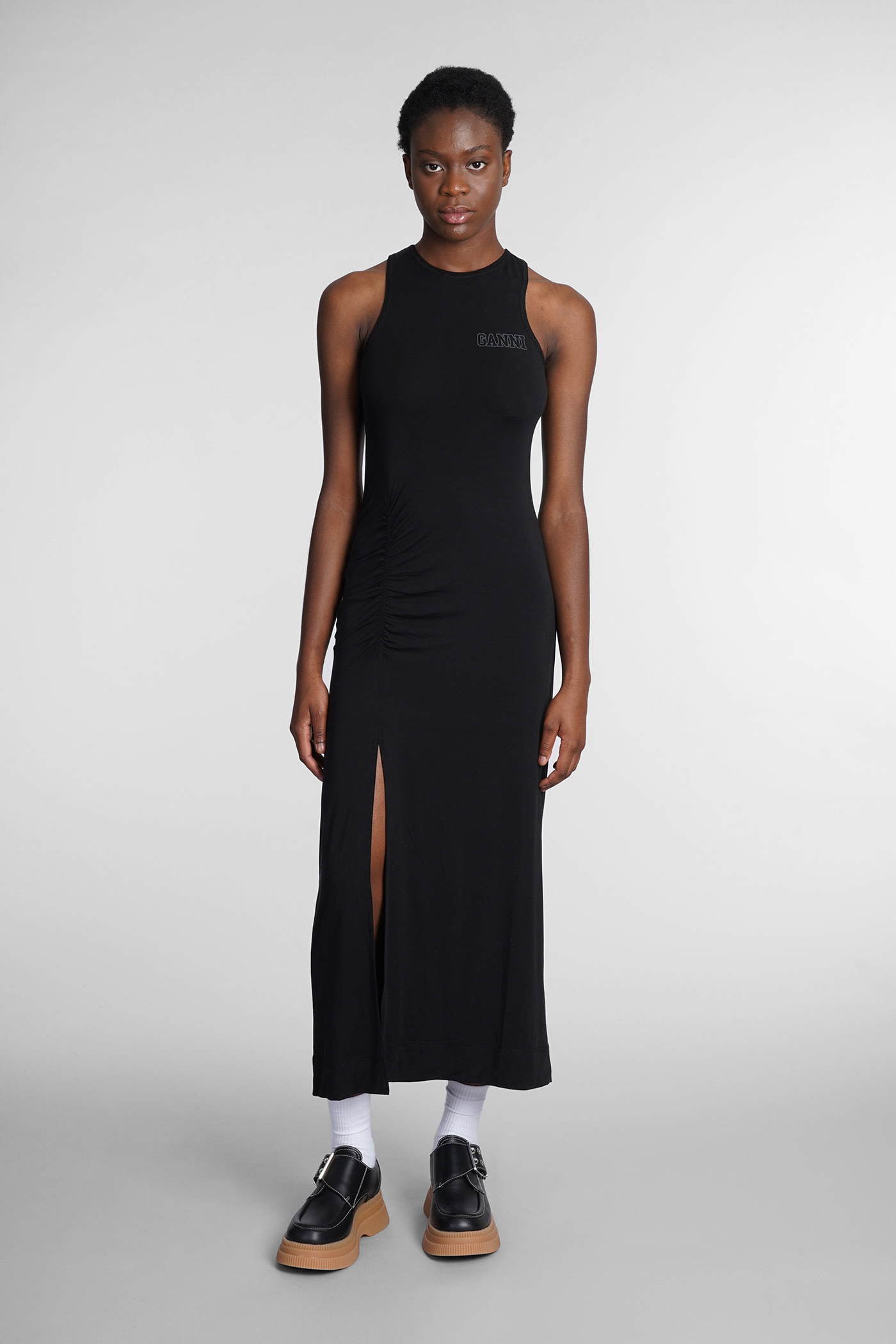 Ganni Dress In Black Synthetic Fibers
