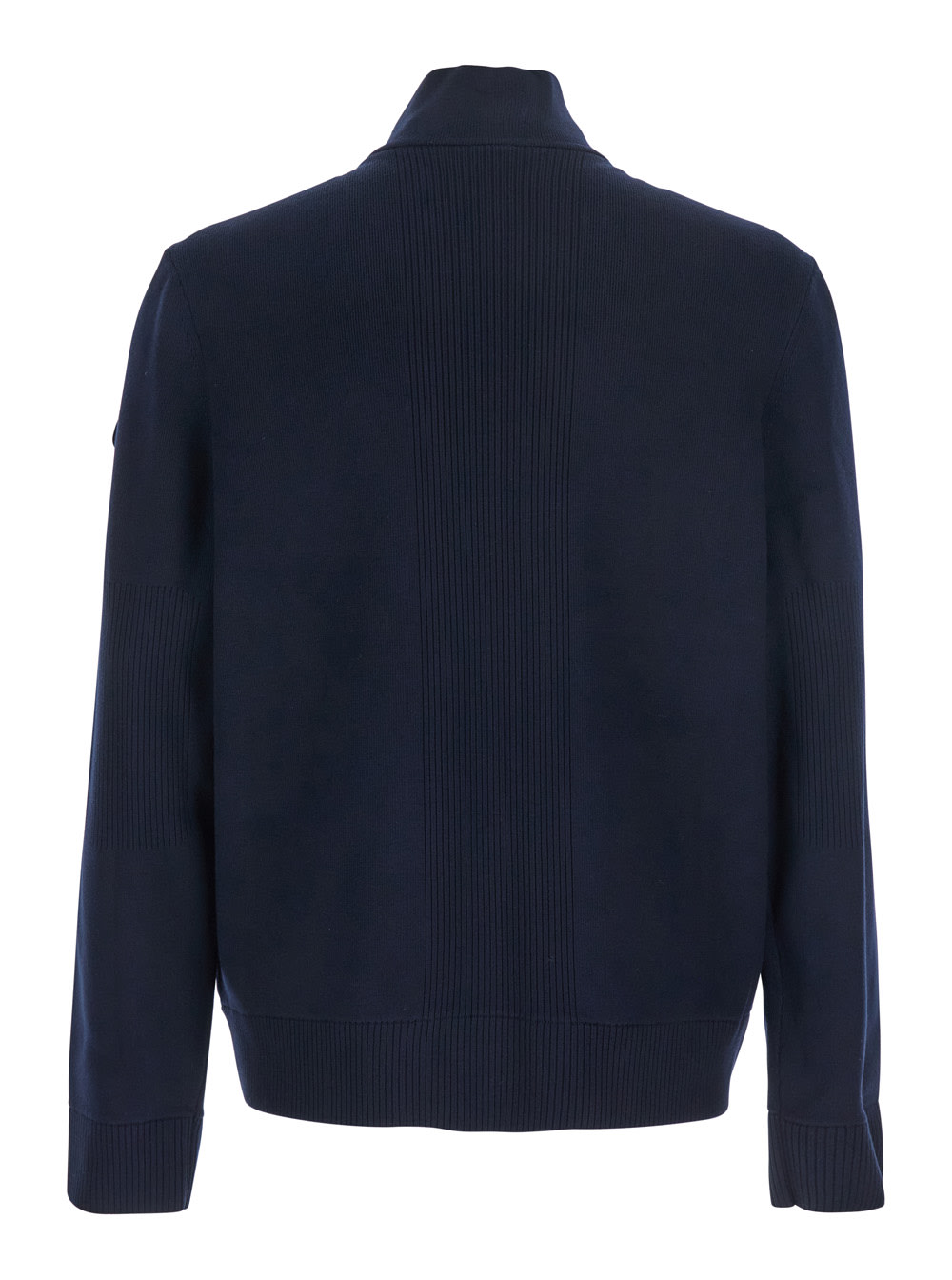 Moose Knuckles Blue Cardigan With Knitted Inserts And Logo Patch On Sleeve In Wool And Tech Fabric Blend Man In Blue
